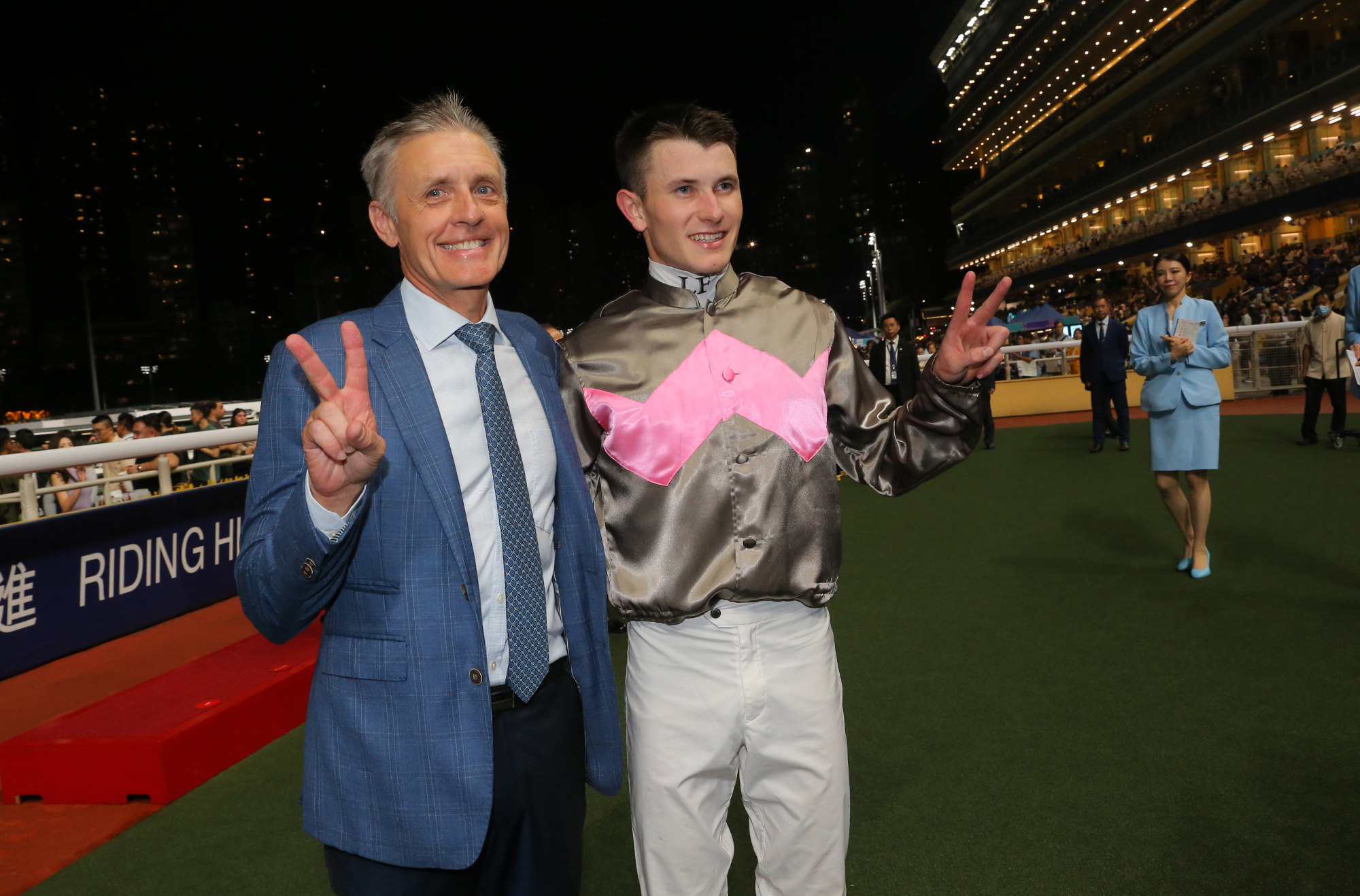 Trainer Mark Newnham and jockey Luke Ferraris are all smiles after teaming up for a double.