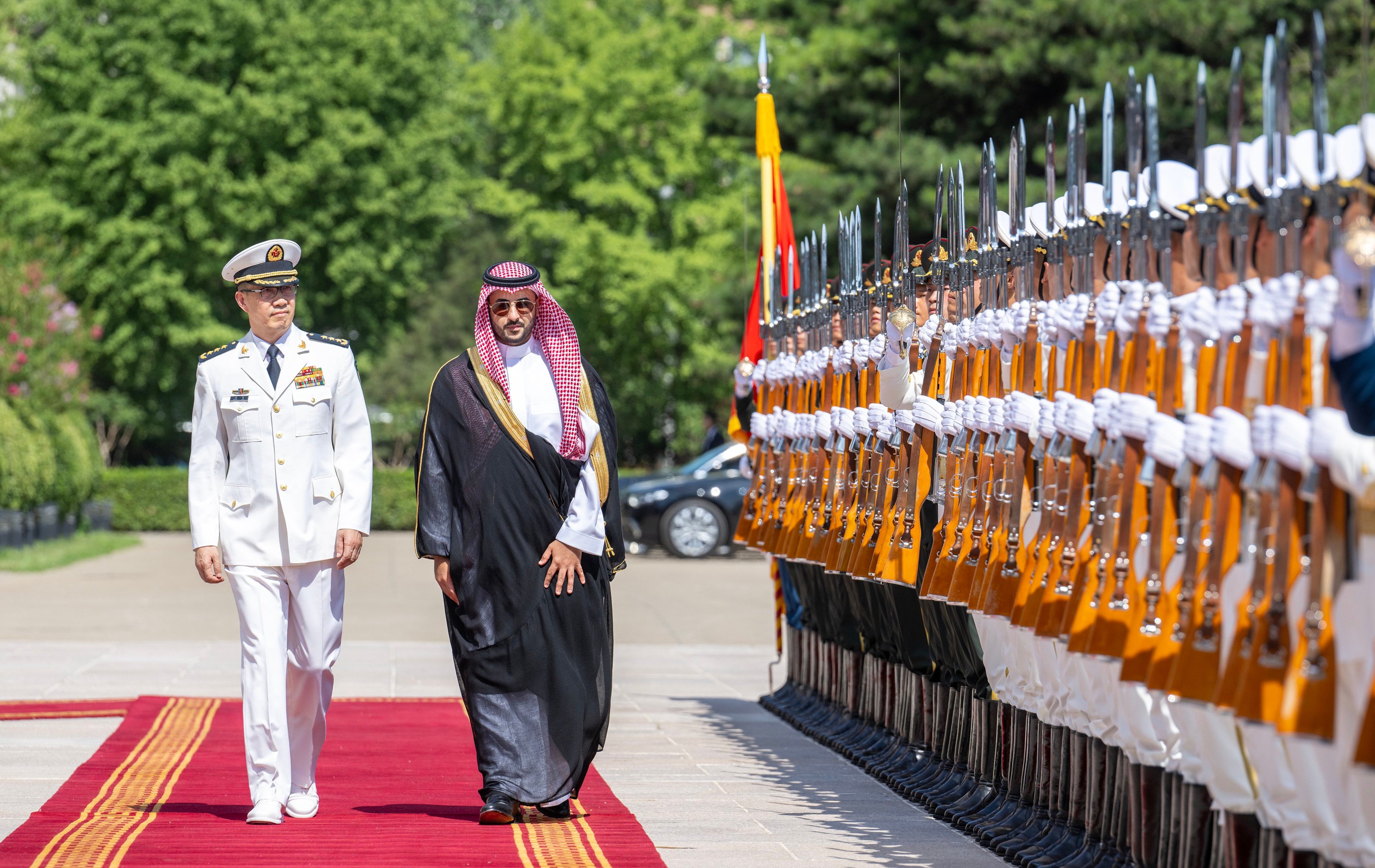 China’s Defence Minister Dong Jun welcomes his Saudi counterpart Prince Khalid bin Salman to Beijing on Tuesday. Photo: X/@modgovksa