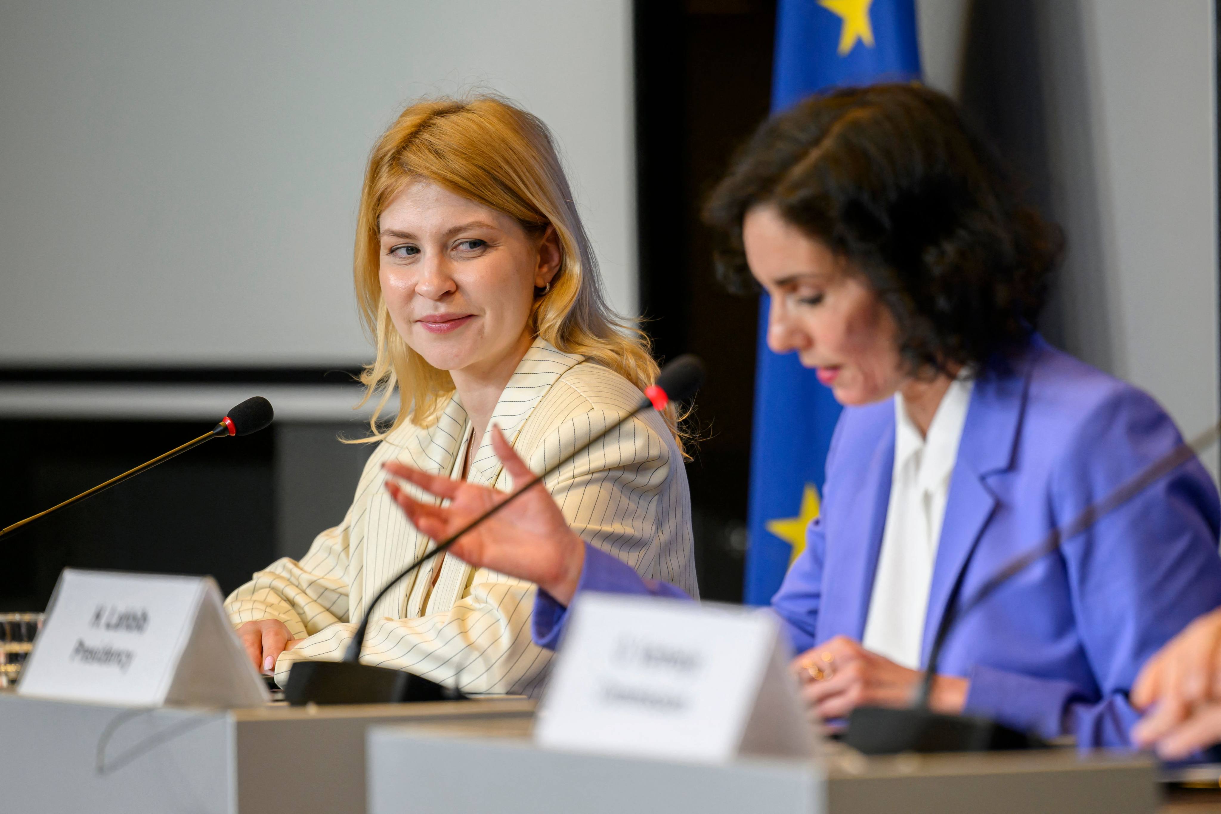 Deputy Prime Minister for European and Euro-Atlantic Integration of Ukraine Olga Stefanishyna (left) listens to Belgian Foreign Minister Hadja Lahbib during a press conference at the EU Council building in Luxembourg on Tuesday. Photo: AFP