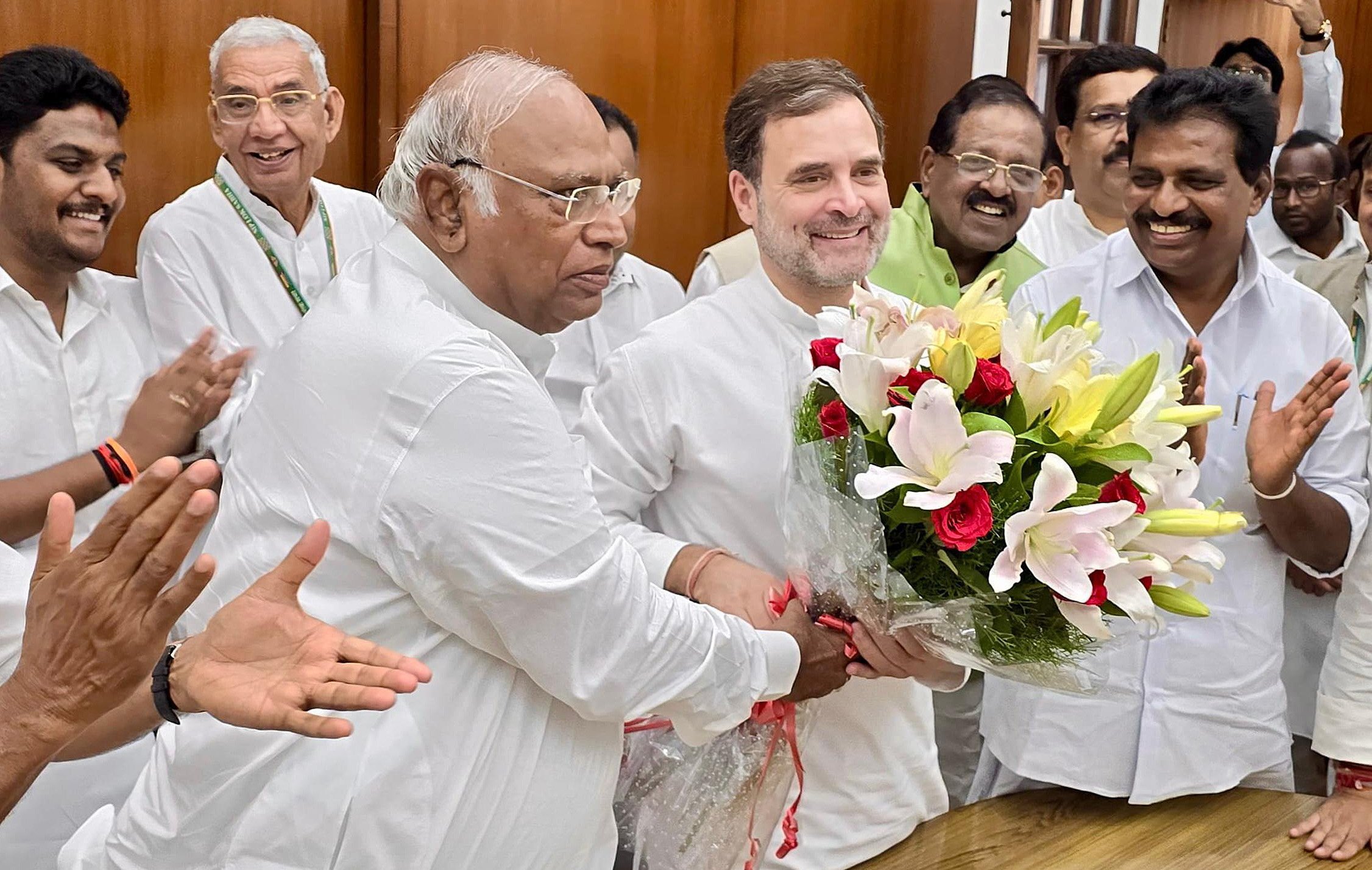 Congress leader Rahul Gandhi (centre) is greeted by the Congress President Mallikarjun Kharge at a meeting in New Delhi, India, on Wednesday 26 June 2024. Photo: EPA-EFE / Indian National Congress