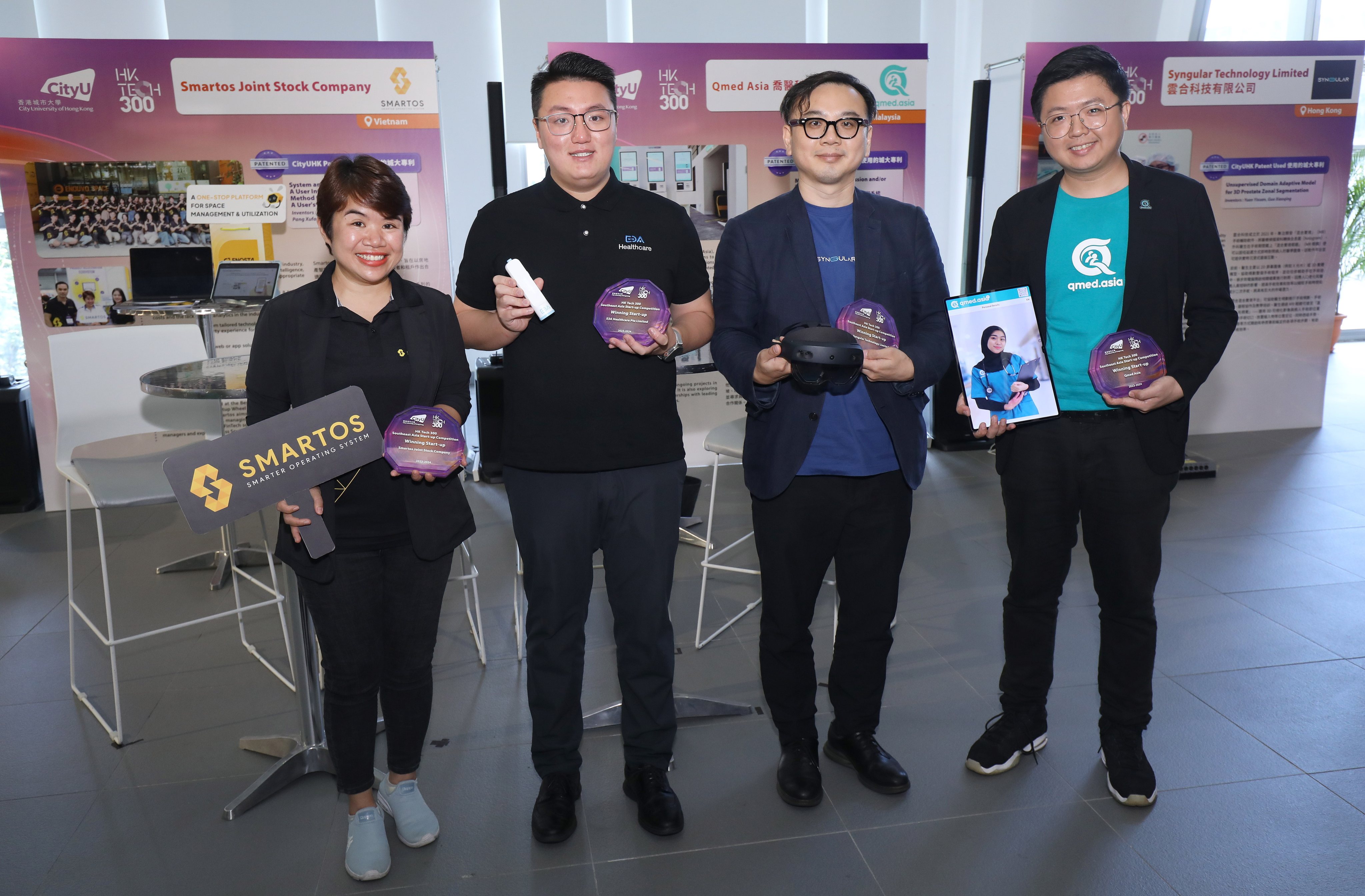 Competition winners (from left) Tran Hanh Trang of Smartos, Harry Chen from E3A Healthcare, Louis Sze of Syngular in Hong Kong and Dr Kev Lim of Malaysia’s Qmed Asia. Photo: Handout