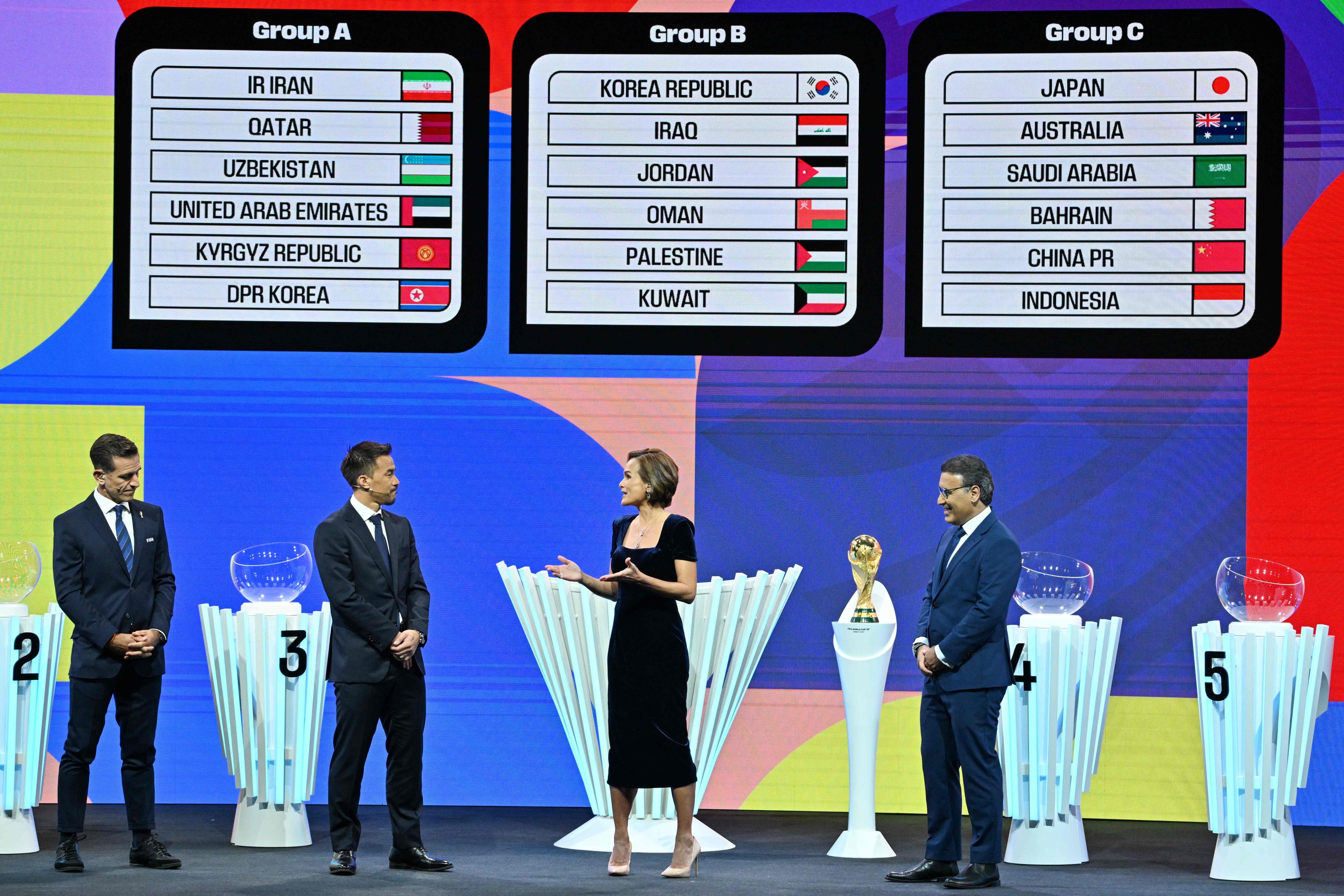 Former internationals Shinji Okazaki of Japan (second from left) and  Mehdi Mahdavikia of Iran (right) help conduct the draw in Kuala Lumpur on Thursday. Photo: AFP