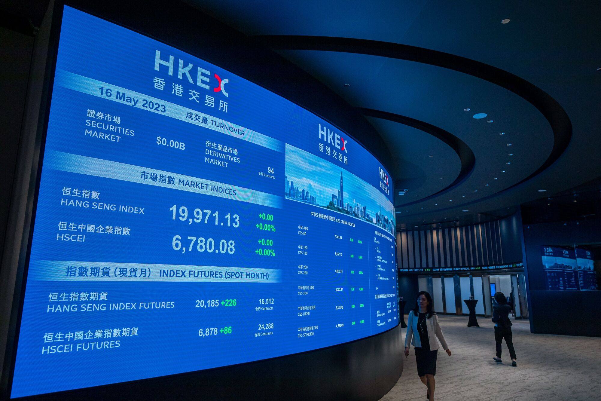 A screen shows various index figures in Connect Hall at Hong Kong Exchanges and Clearing in Hong Kong on May 16, 2023. Photo: Bloomberg