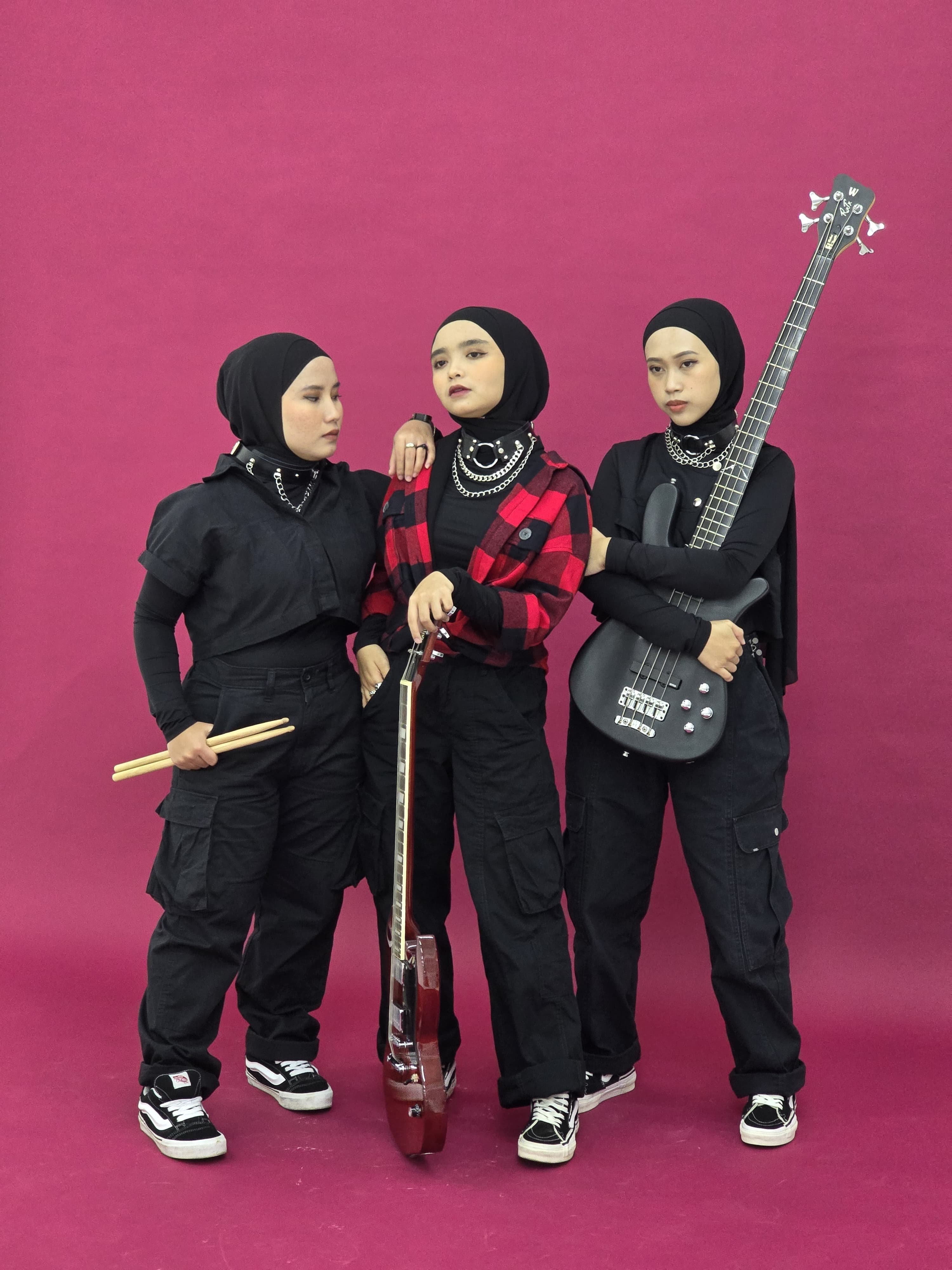 Voice of Baceprot members (from left) drummer Siti Aisyah; lead vocalist and guitarist Firda ‘Marsya’ Kurnia; and bassist Widi Rahmawati. Photo: Voice of Baceprot