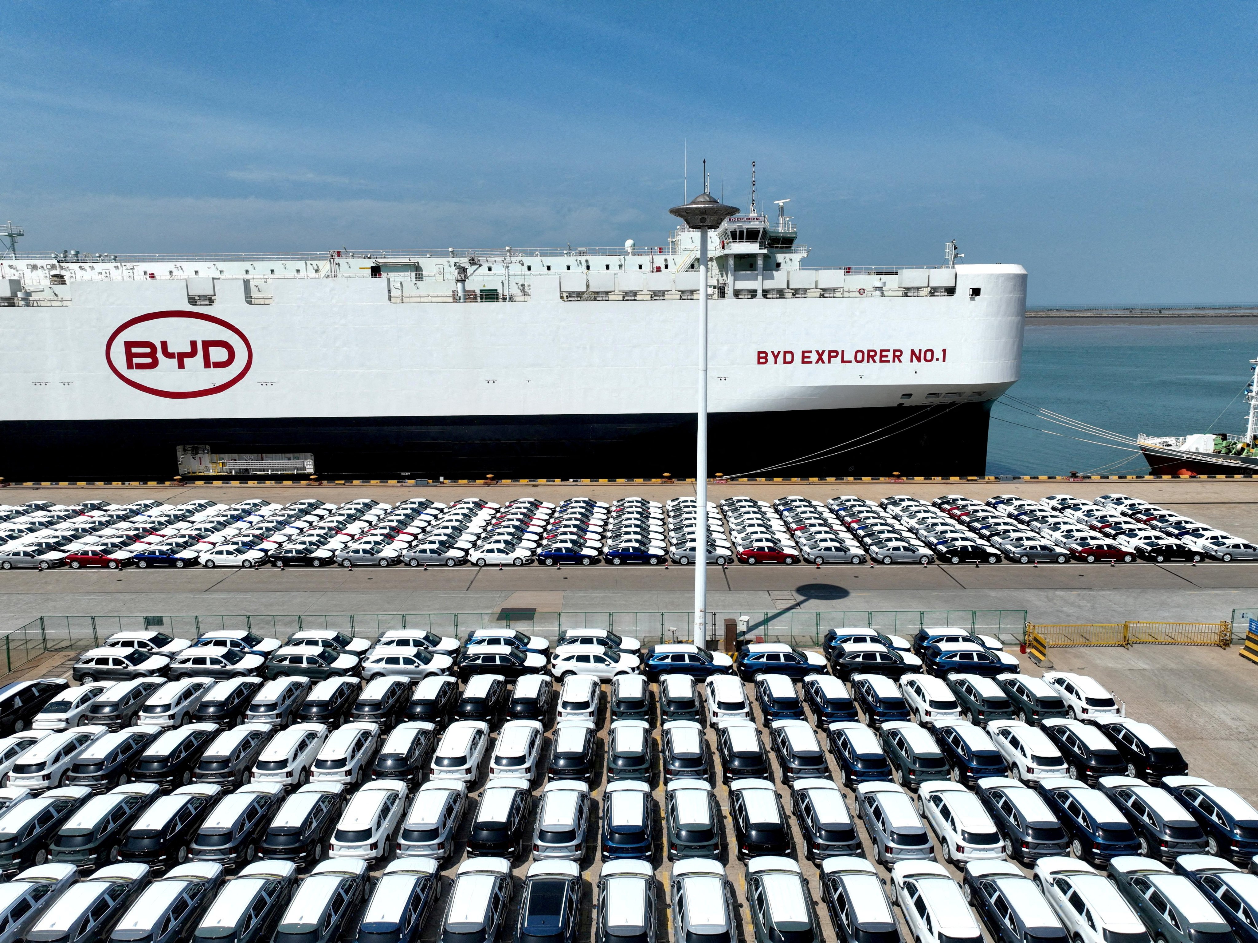 BYD vehicles ready for export are pictured at port Lianyungang port in China’s Jiangsu province. Photo: China Daily via Reuters