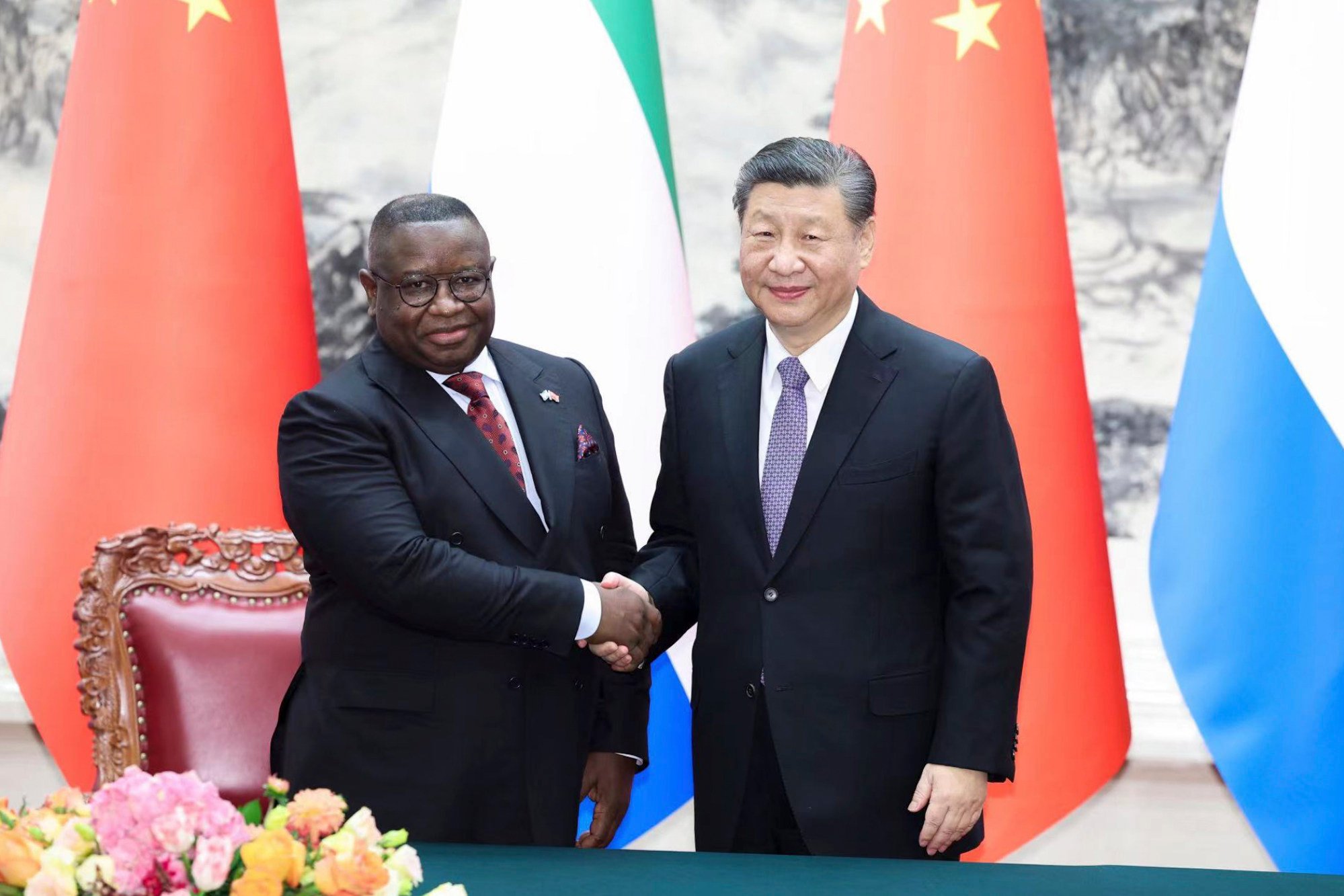 Sierra Leone President Julius Maada Bio and Chinese President Xi Jinping at the signing of bilateral cooperation documents including belt and road projects in Beijing on February 28. Photo: Xinhua