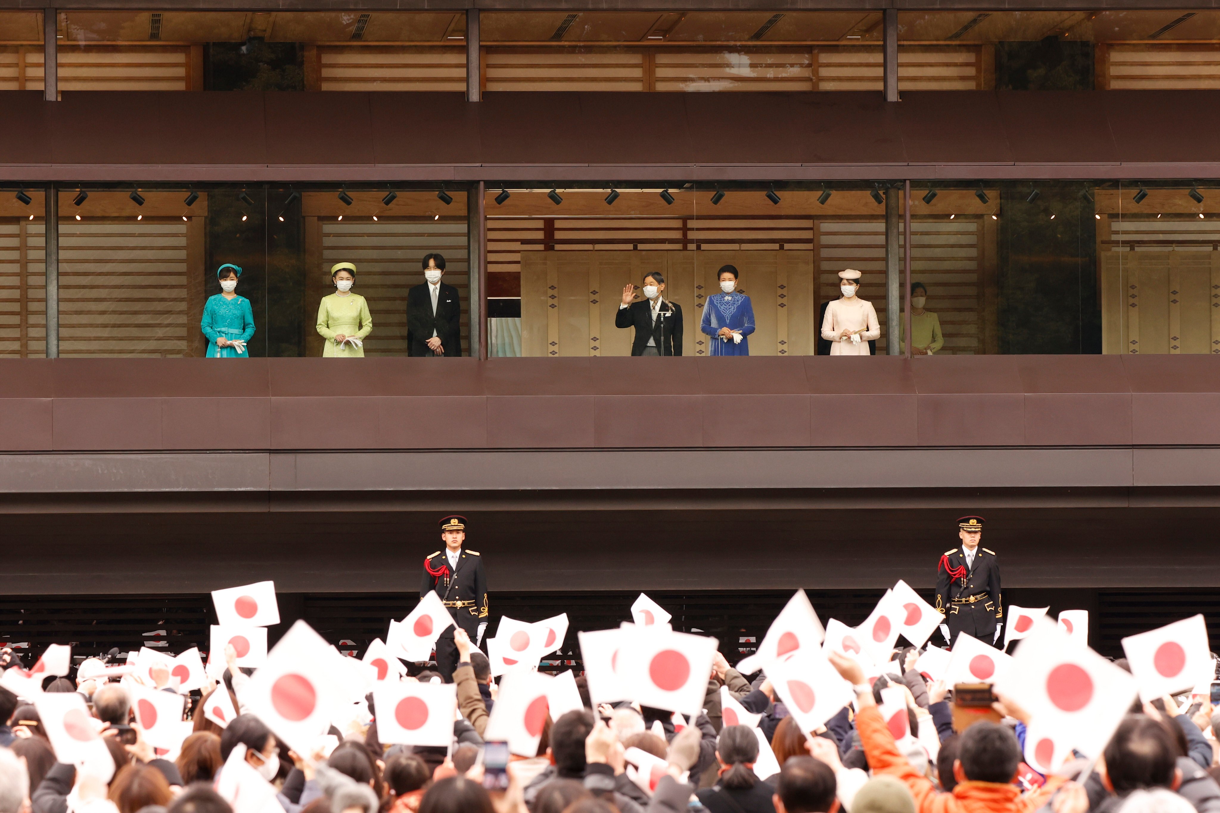 Japan’s Emperor Naruhito, accompanied by other imperial family members, waves to audience members during his birthday celebration at the Imperial Palace in Tokyo on February 23. Photo: AP