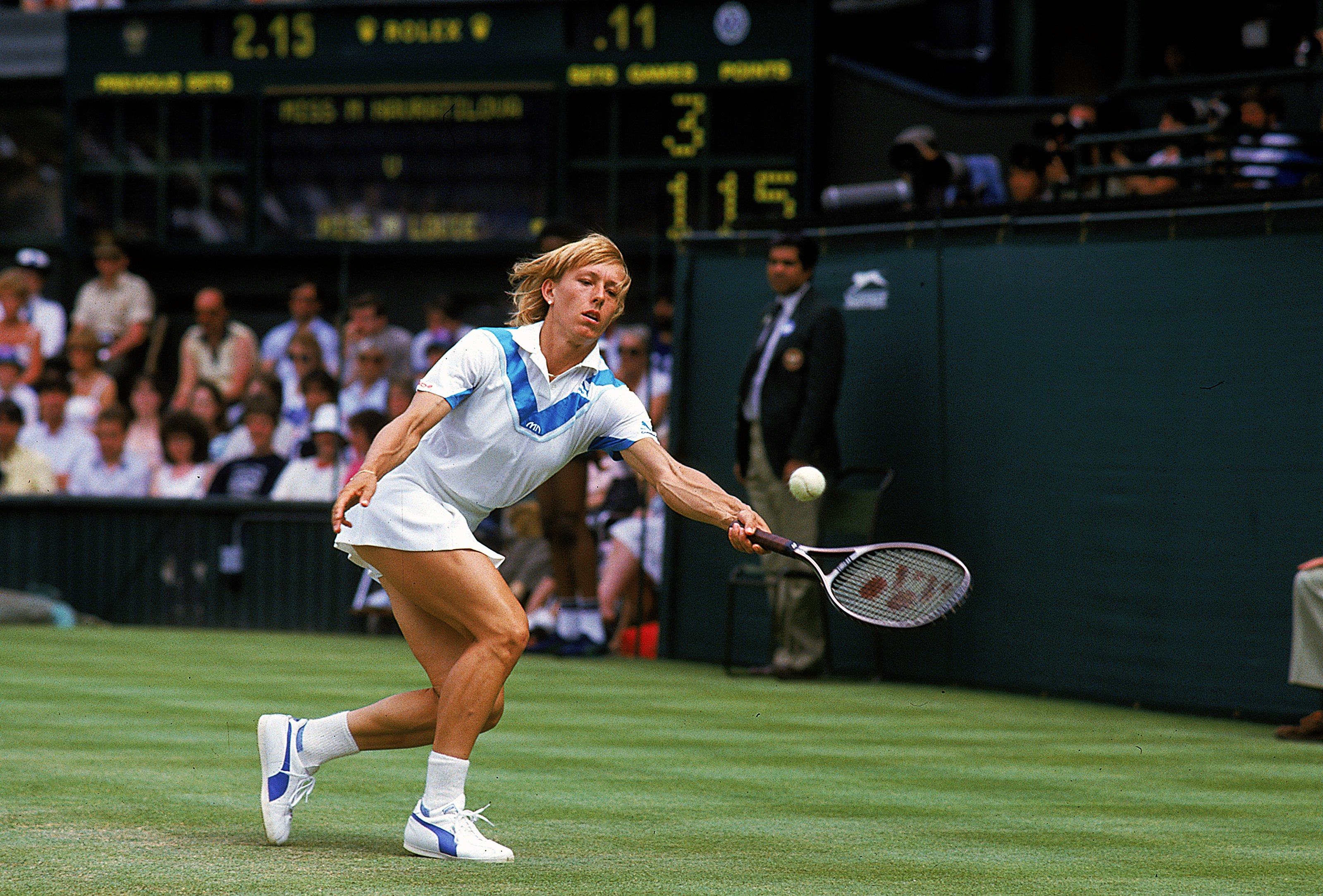 Martina Navratilova returns the ball during her  Wimbledon singles match against Peanut Louie in 1984. Photo: Allsport