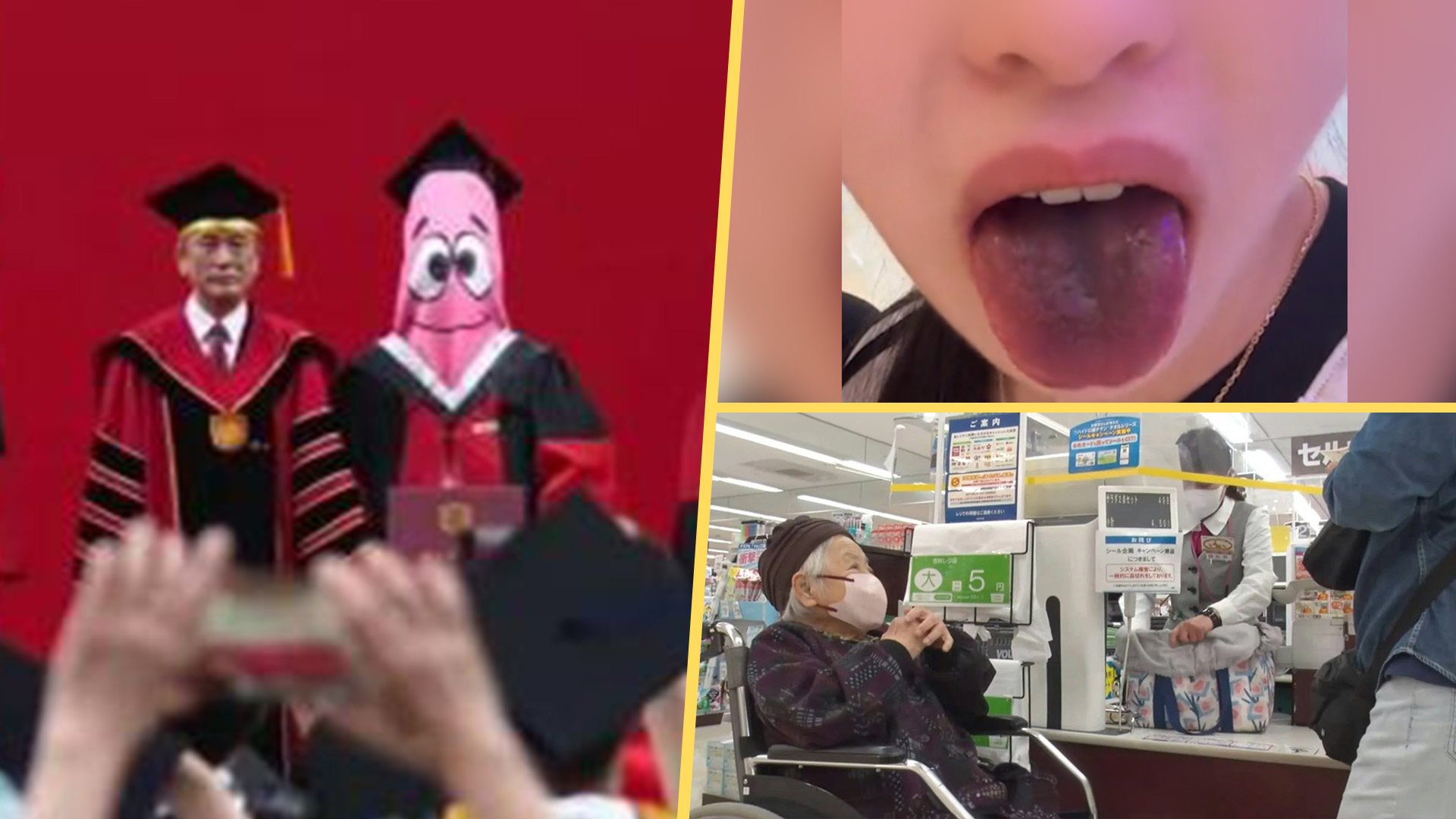 A Chinese graduation student made headlines for donning a cartoon outfit, two women had black tongues after a hotpot meal, and a customer-centric slow service approach has garnered attention in Japan. Photo: SCMP composite/ANN News/The Paper