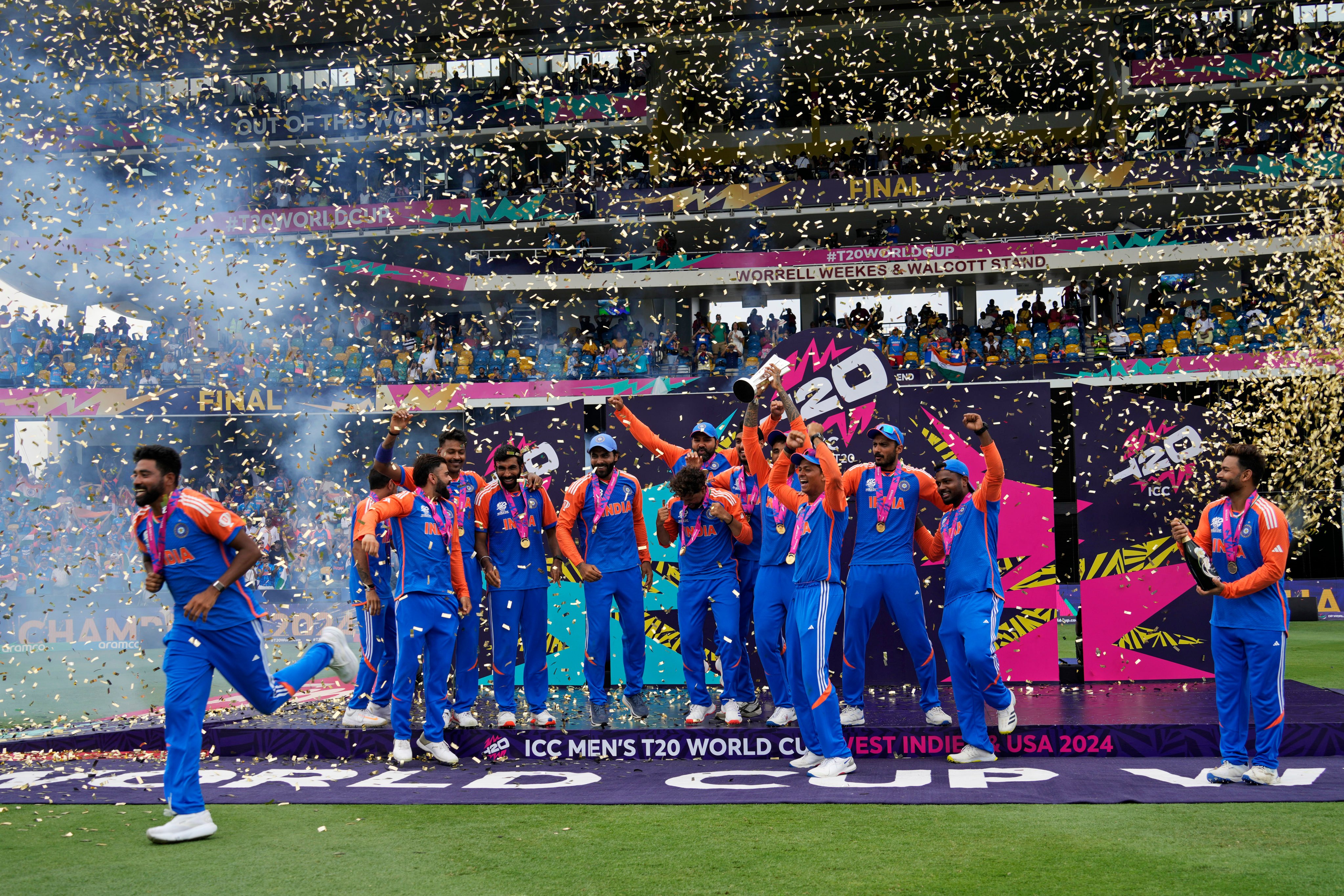 India’s players celebrate after beating South Africa in the T20 World Cup final. Photo: AP