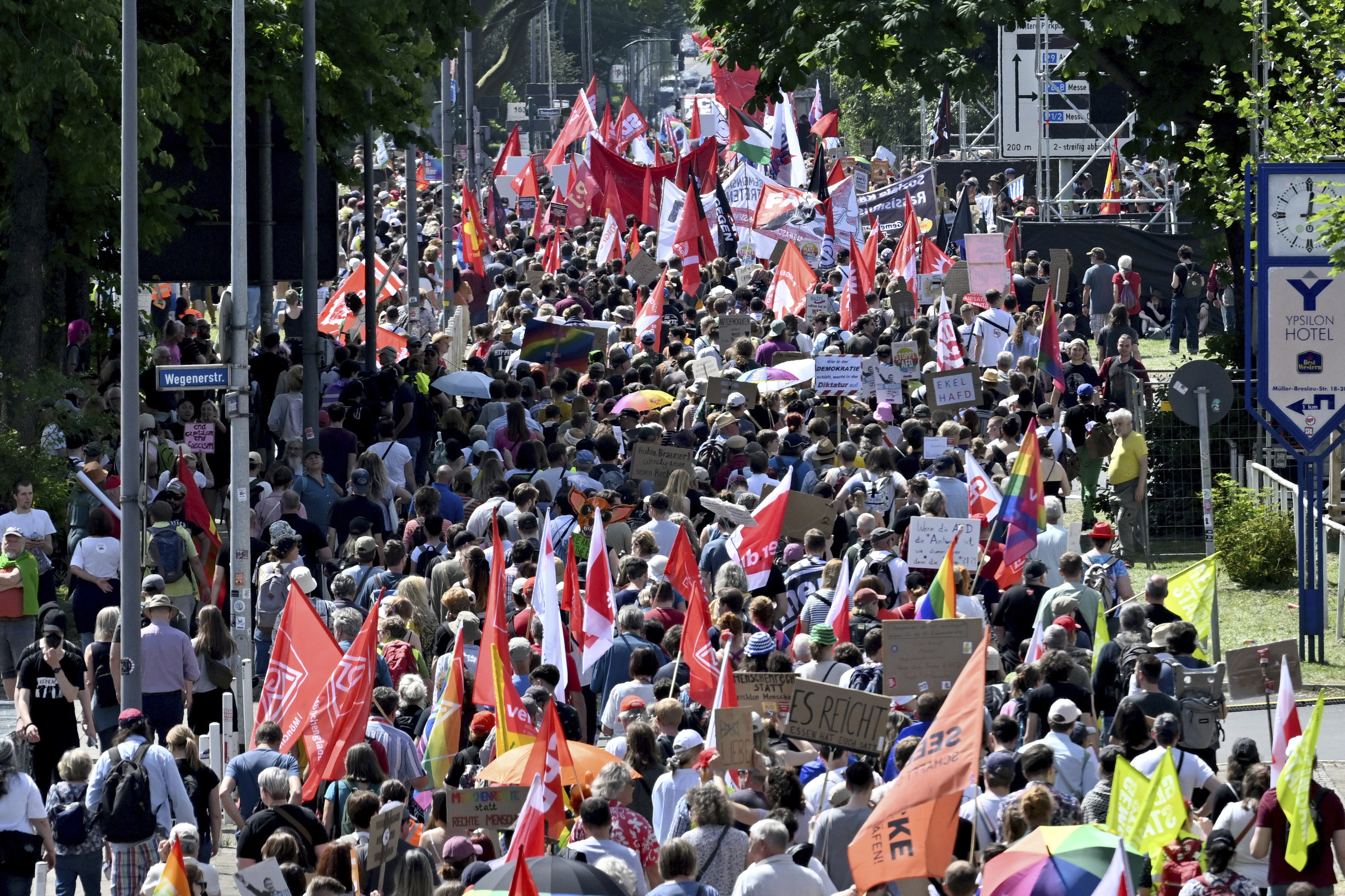 Protesters gather to demonstrate against the AfD during the party’s convention in Essen, Germany, on Saturday. Photo: dpa via AP