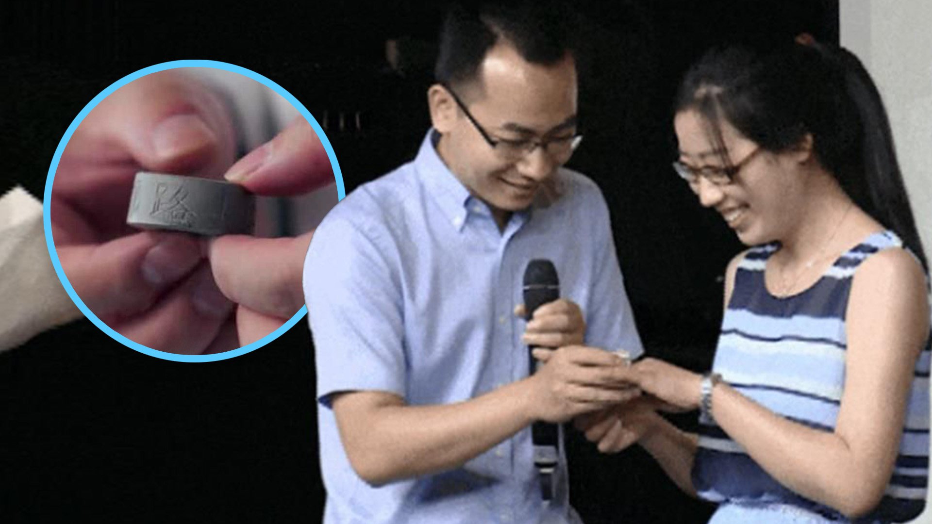 An award-winning inventor in China has shocked social media by giving his wife-to-be an engagement ring made out of his signature product, waterproof concrete. Photo: SCMP composite/Jimu