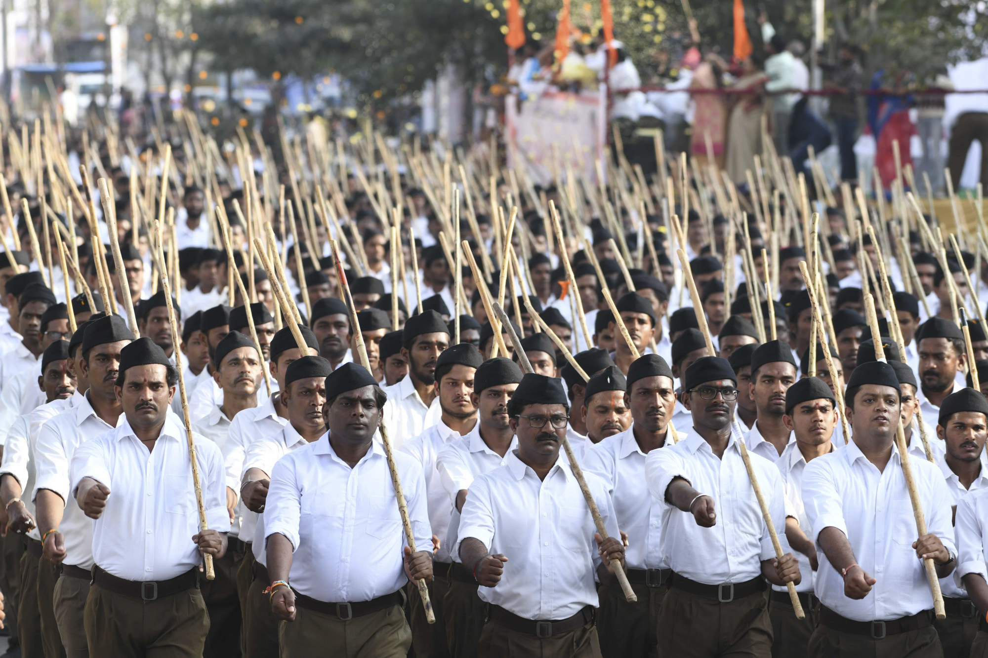 Members of the Rashtriya Swayamsevak Sangh (RSS) during rally on the outskirts of Hyderabad in 2019. Photo: AFP