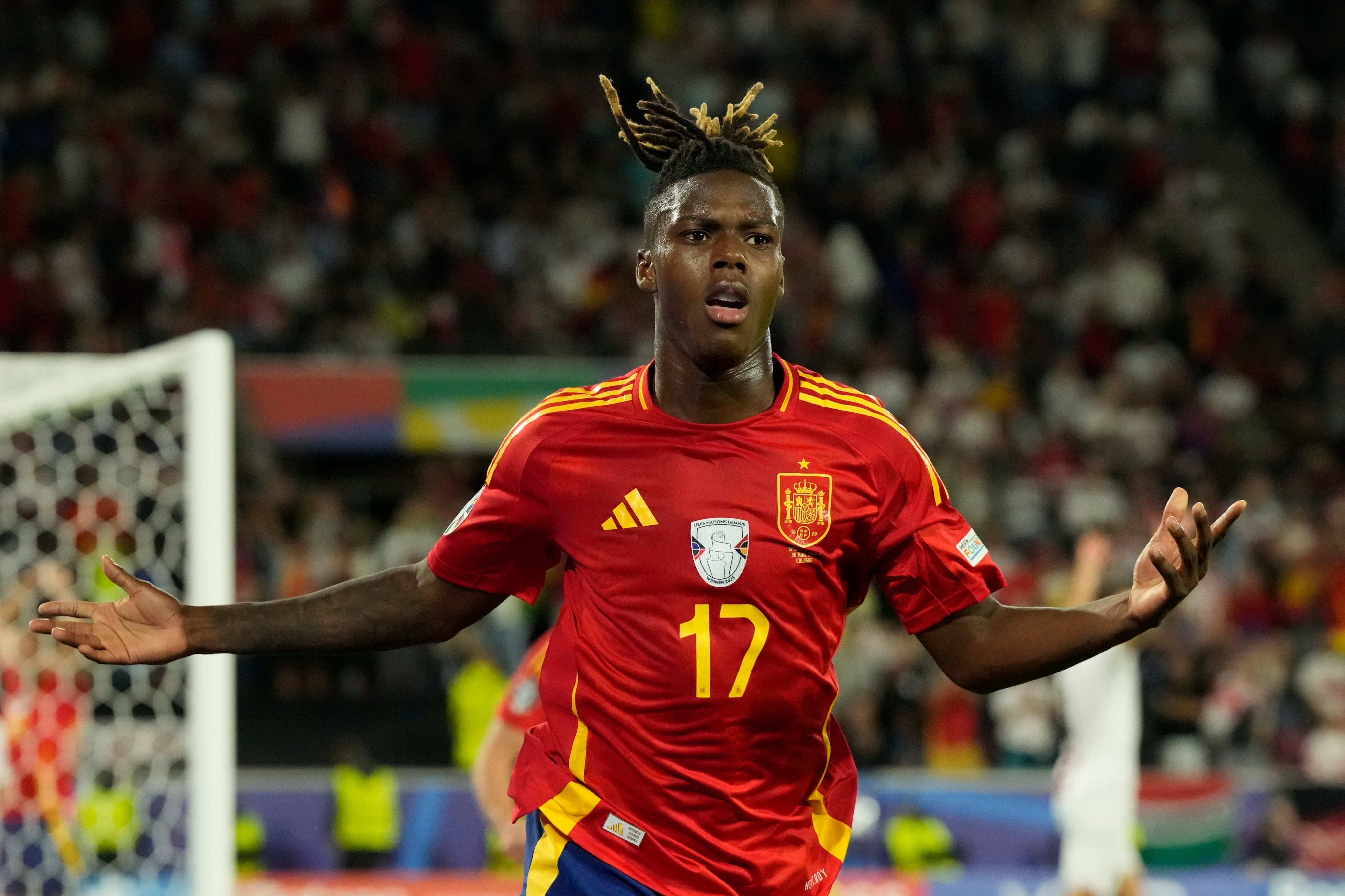 Spain’s Nico Williams celebrates after scoring his side’s third goal against Georgia at the Euro 2024 football tournament in Cologne, Germany on Sunday. Photo: AP