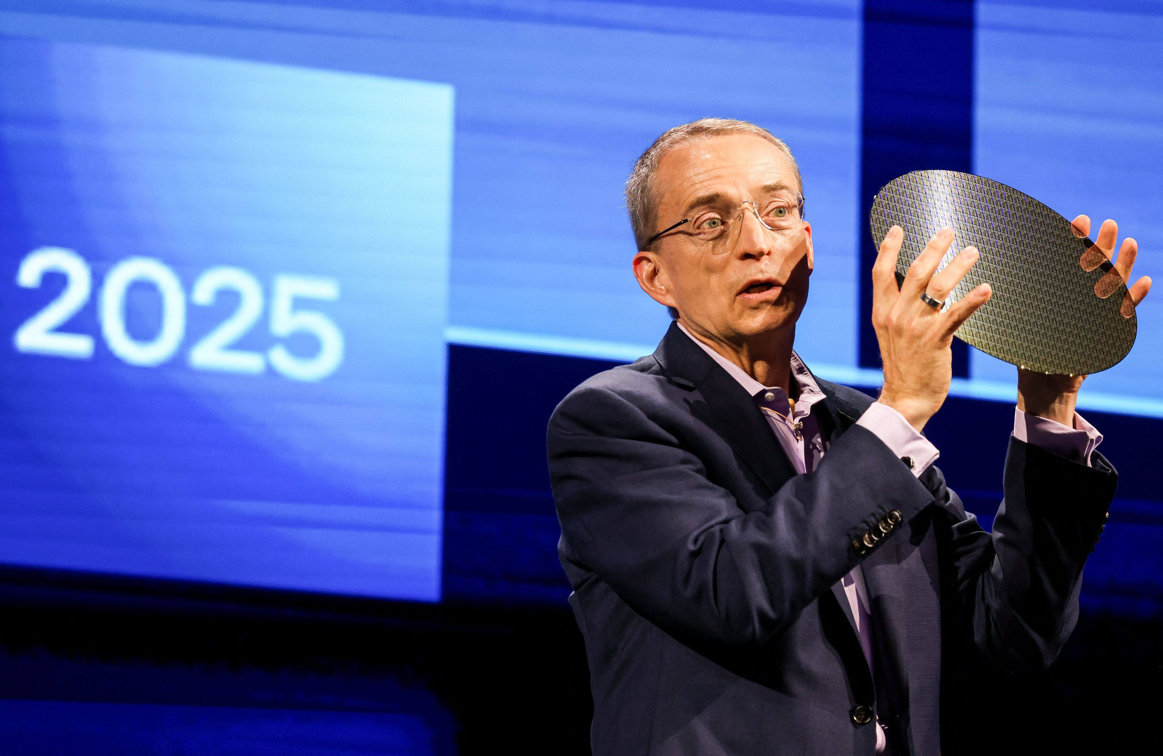 Intel CEO Pat Gelsinger holds a silicon wafer during his keynote speech at Computex in Taipei on June 4, 2024. Photo: AFP