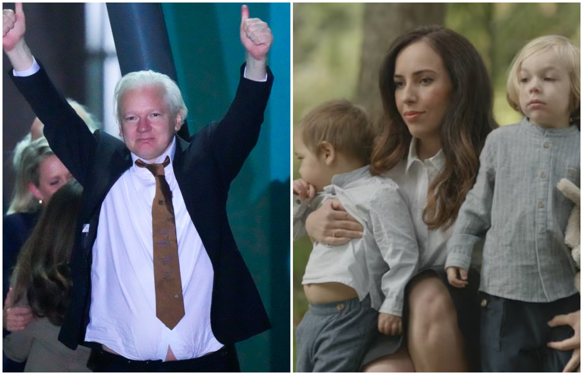 Julian Assange is finally free to reunite with his wife Stella and two young children, Gabriel and Max. Photos: AP, @MoreBirths/X