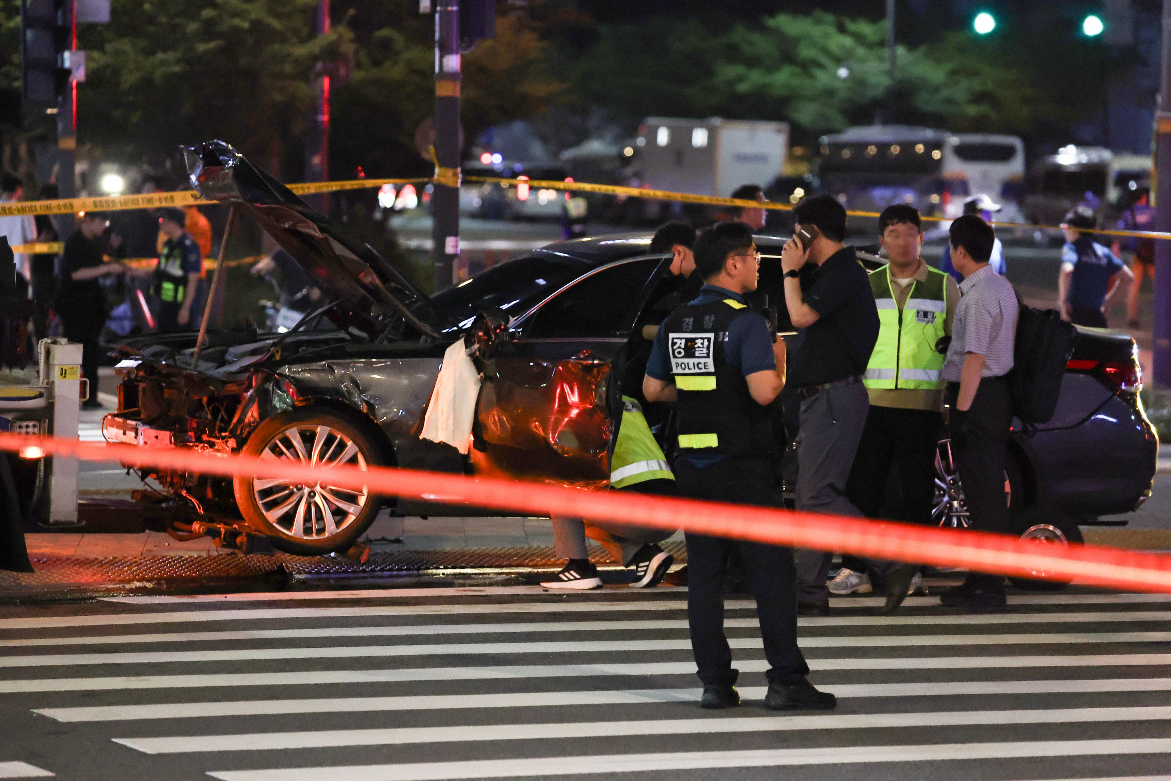 The scene of the car crash in downtown Seoul, South Korea on Monday night. Photo: Yonhap / dpa