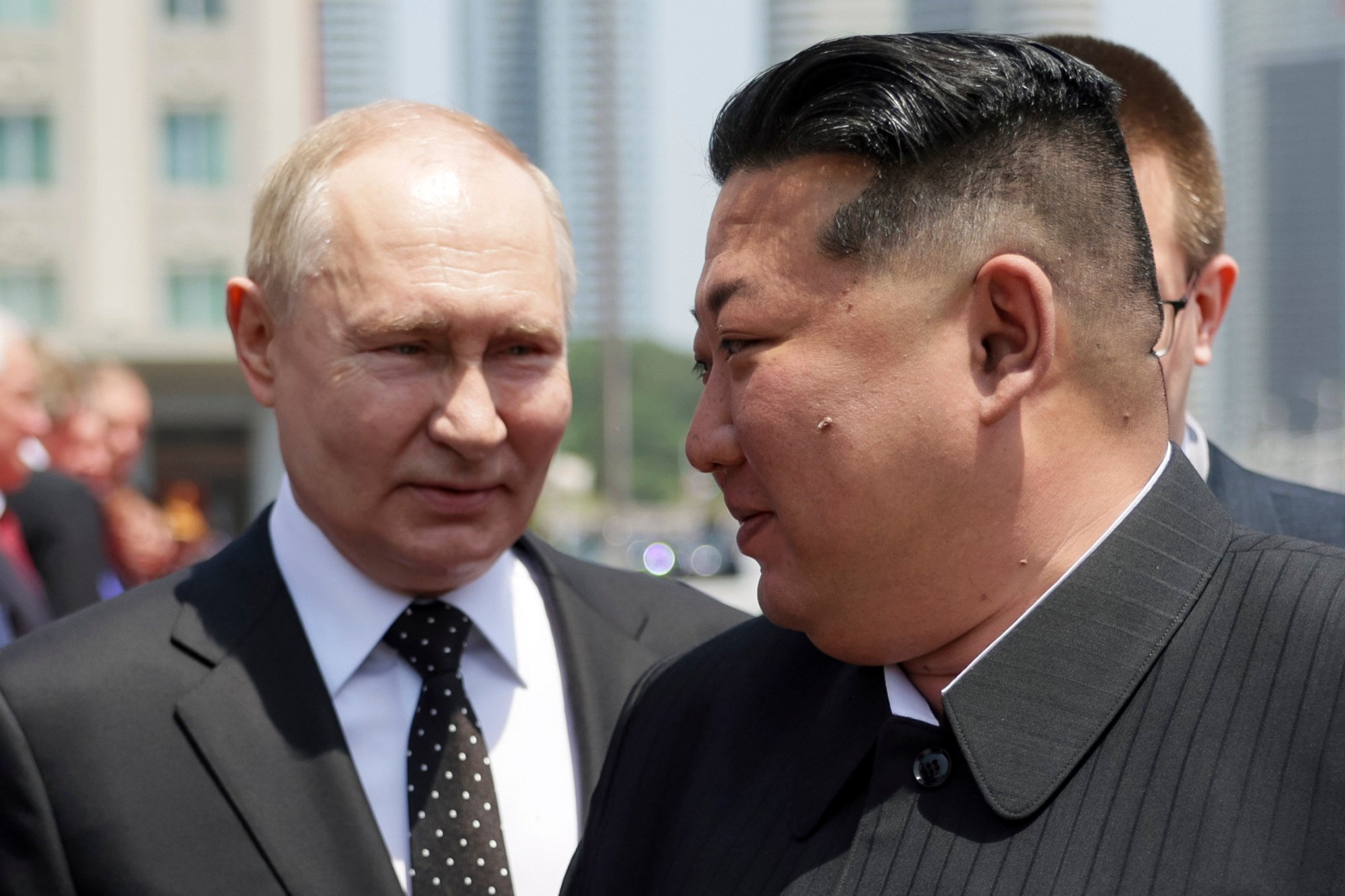 Vladimir Putin and North Korea’s leader Kim Jong-un attend an official welcome ceremony for the Russian president in Pyongyang on June 19. Photo: Sputnik via AP