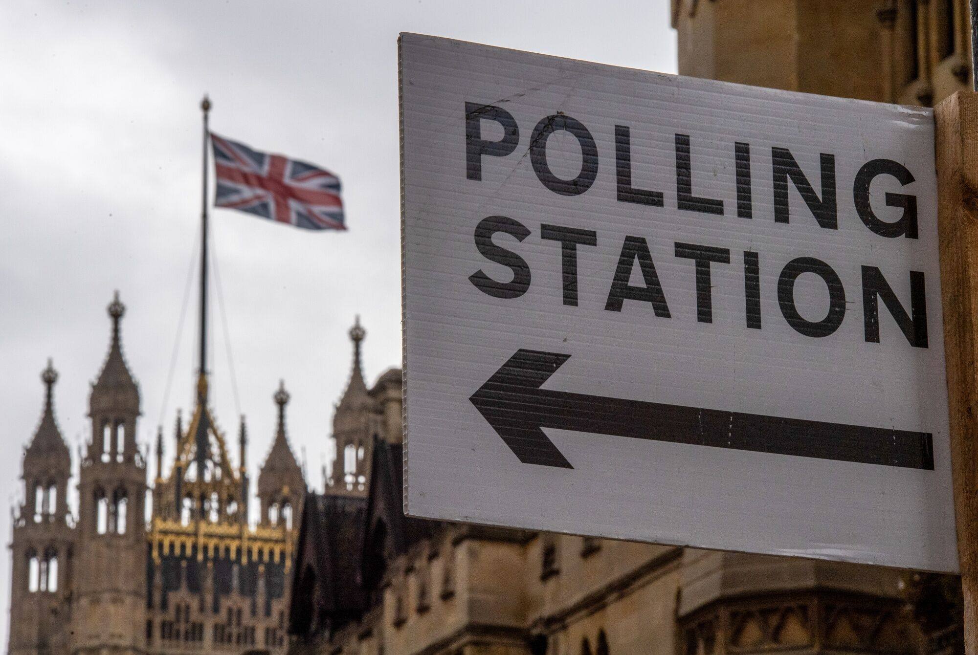 A sign for a polling station near Westminster as the UK prepares for Thursday’s general election. Photo: Bloomberg