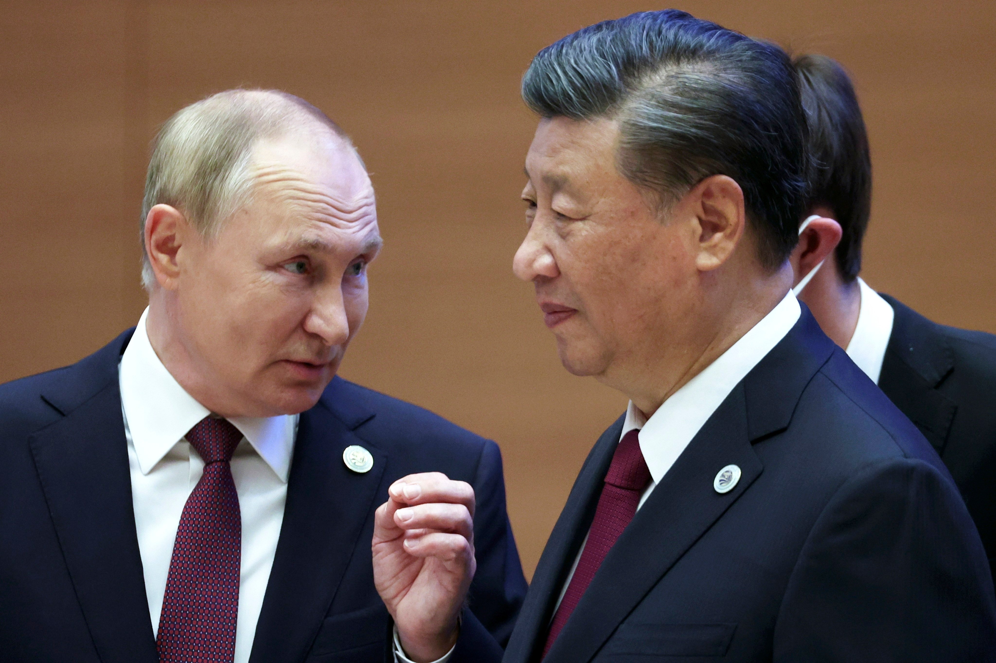 Russian President Vladimir Putin speaks to Chinese President Xi Jinping during the 2022 Shanghai Cooperation Organization summit in Samarkand, Uzbekistan. The pair met for the second time in less than two months on Wednesday. Photo: AP