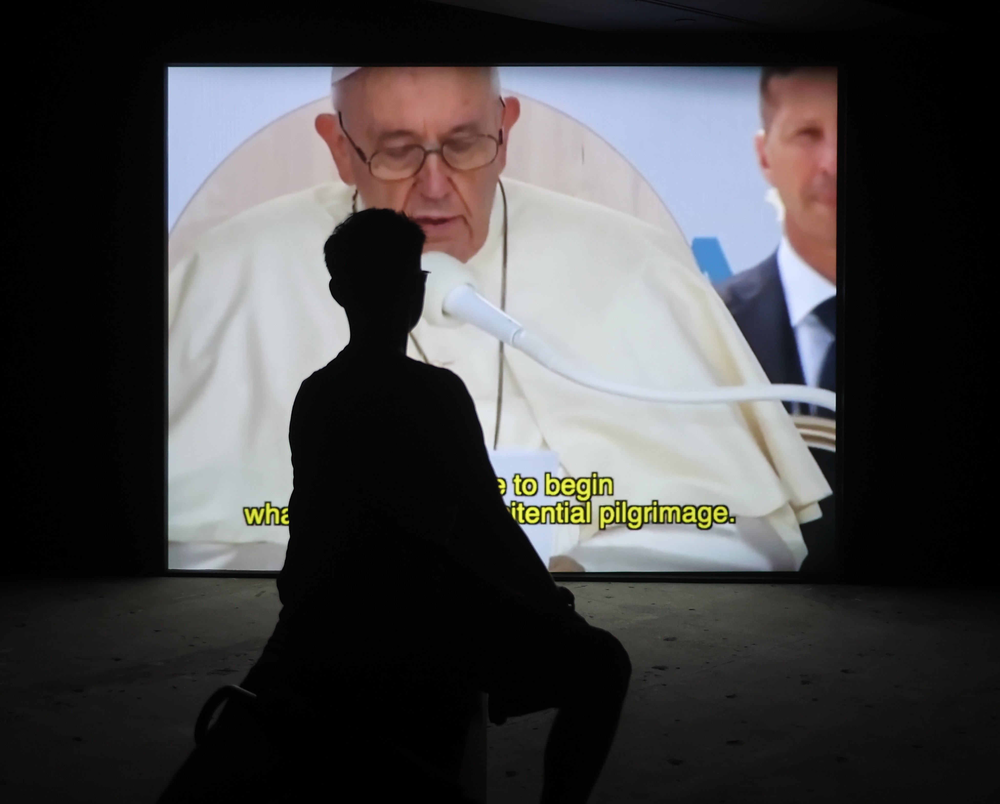Pope Francis apologising for sexual abuse by Catholic Church figures of authority, as shown in James T. Hong’s video compilation of world leaders saying sorry, Apologies, now showing in Hong Kong. Photo: Edmond So