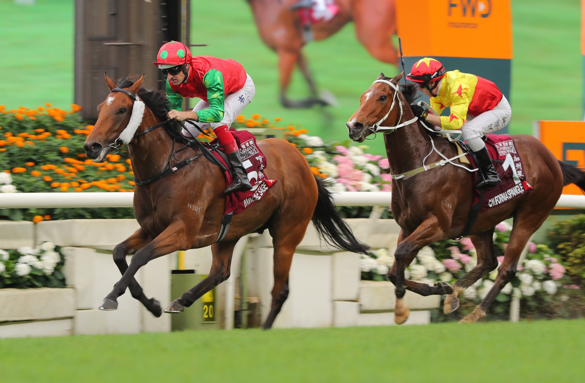 Hugh Bowman triumphs in the Group One Chairman’s Sprint Prize aboard Invincible Sage.