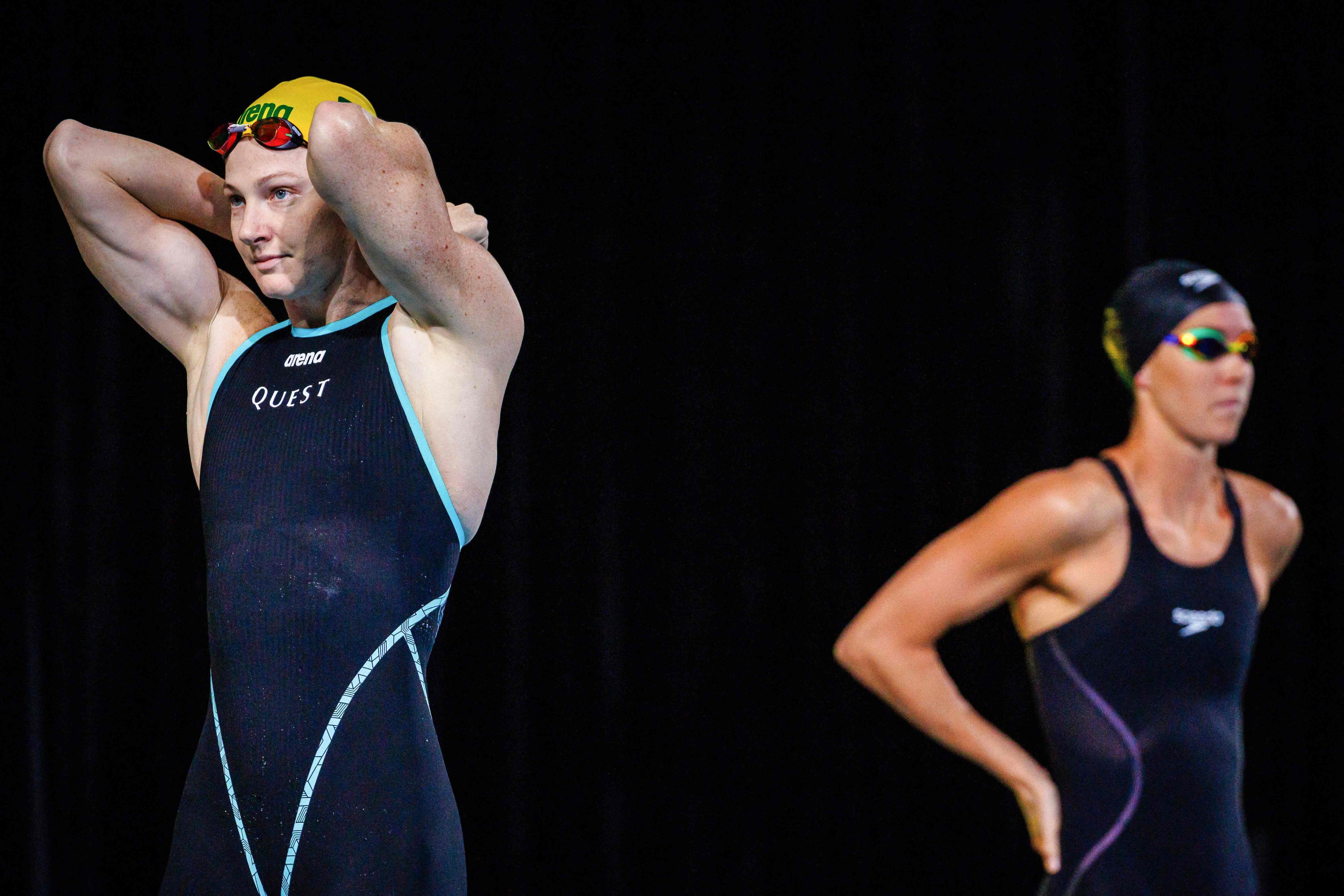 Australia’s Cate Campbell (left) and Emma McKeon prepare for the women’s 50m freestyle final during the Australian Swimming Trials at Brisbane Aquatic Centre. Photo: AFP