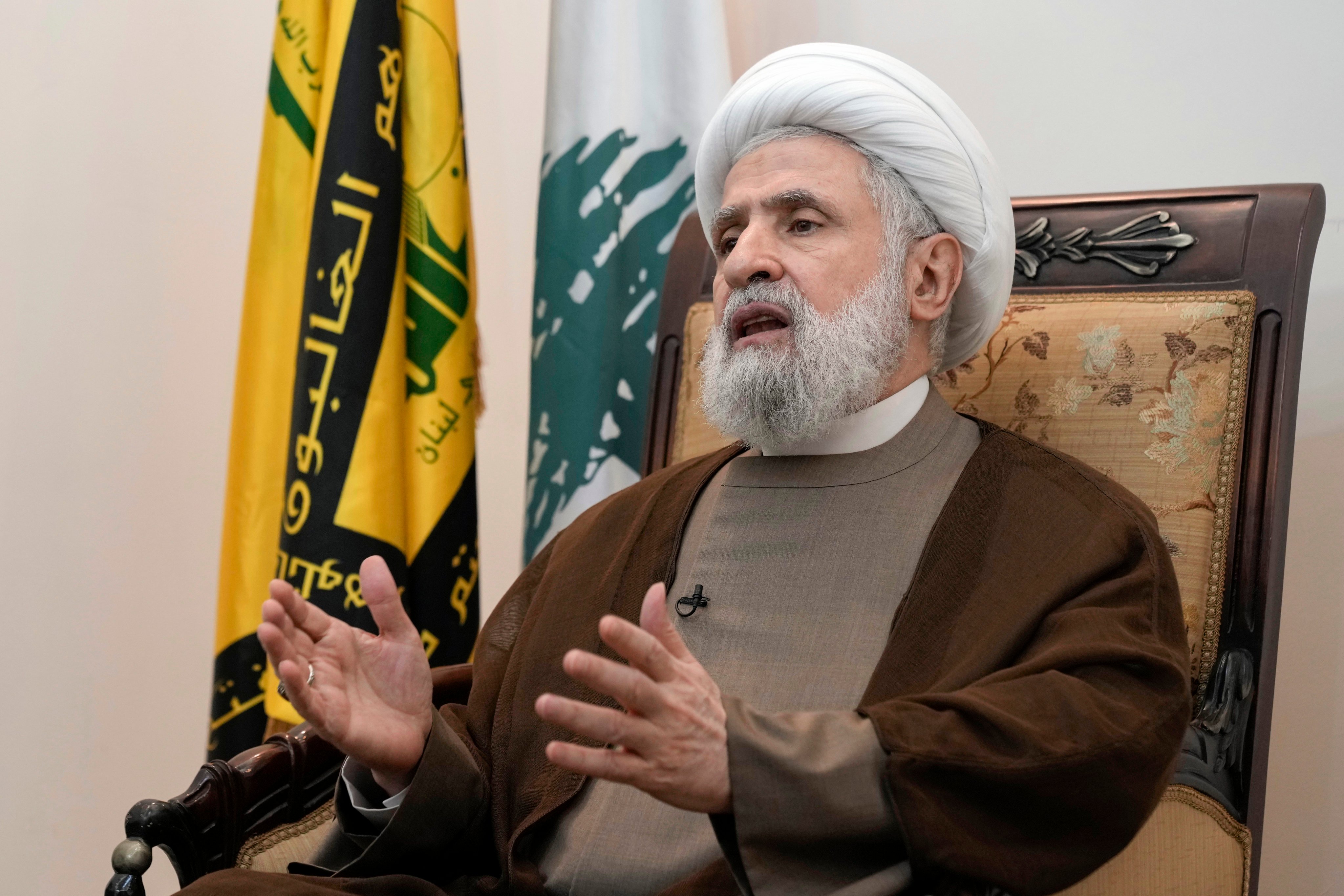 Hezbollah’s deputy leader Sheik Naim Kassem said that the only definite path to a cease-fire on the Lebanon-Israel border is a full cease-fire in Gaza. Photo: AP