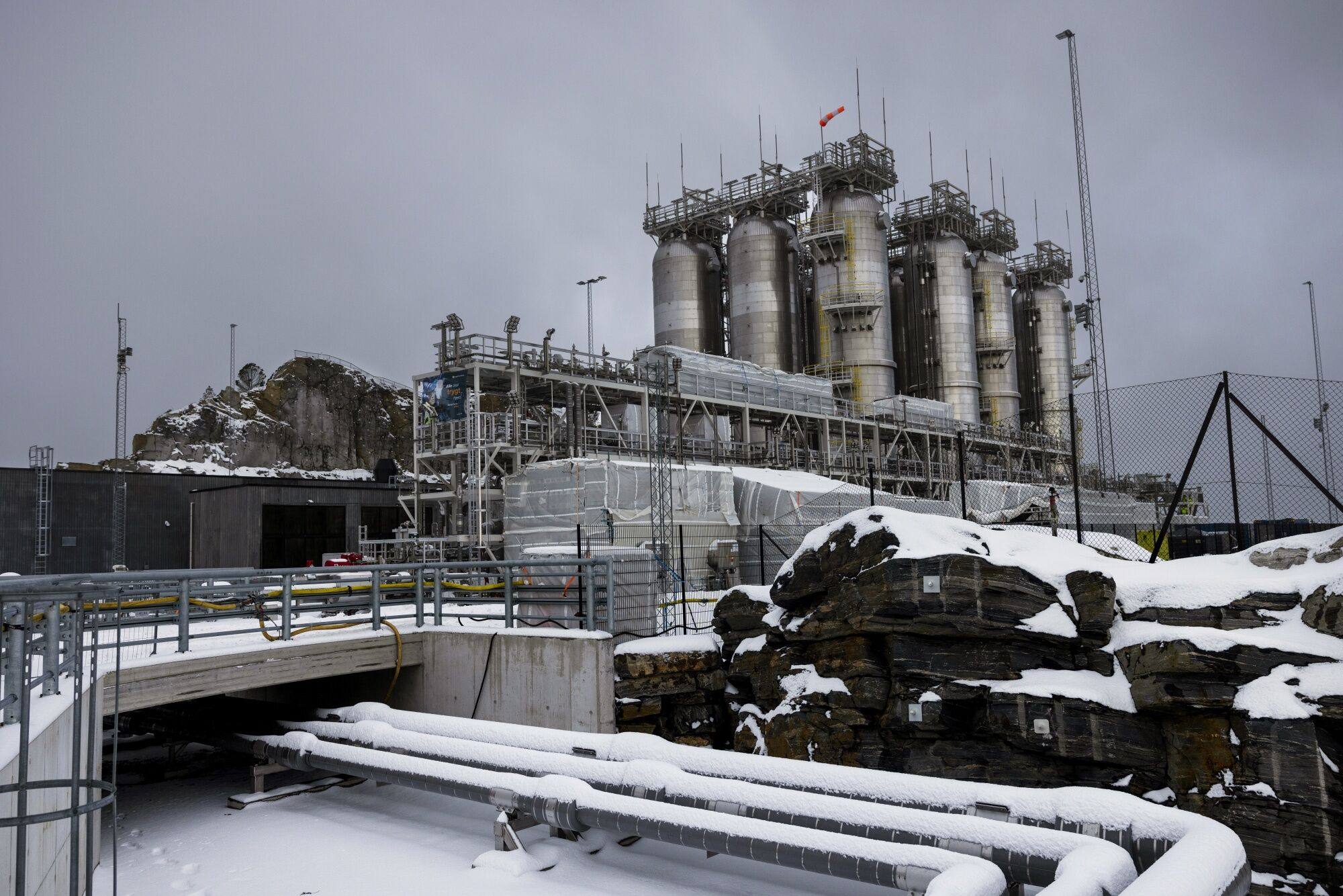 Storage tanks at the Northern Lights carbon capture and storage project at Blomoyna, Norway, on January 19. Part of a US$2.6 billion network, the facility is set to pump climate-warming carbon dioxide from manufacturing sites in Europe into an untouched saline aquifer deep below the seabed. Photo: Bloomberg