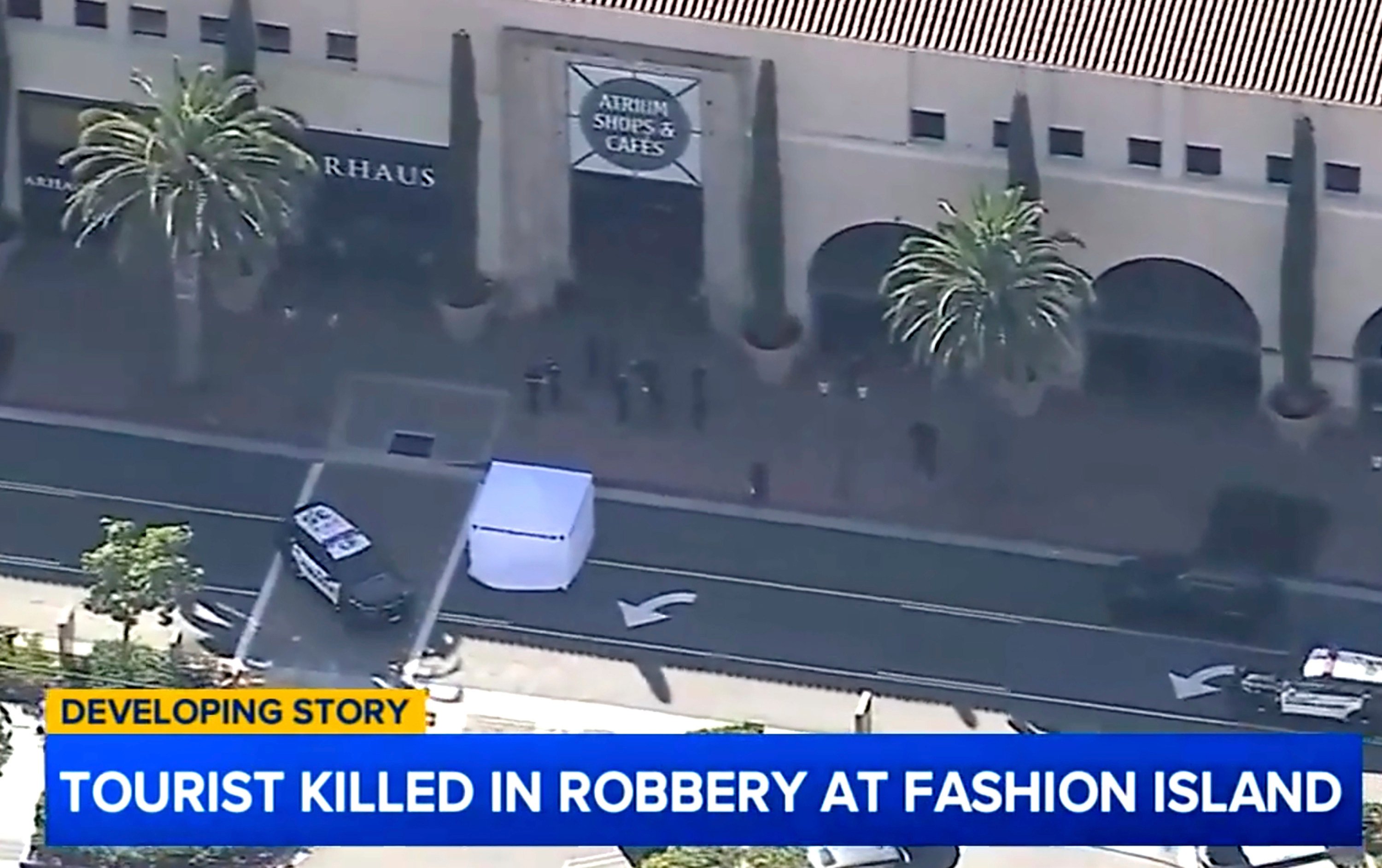 Law enforcement officials outside the mall where a tourist was struck and killed by a car after a botched robbery in Newport Beach, California. Photo: KABC-TV via AP