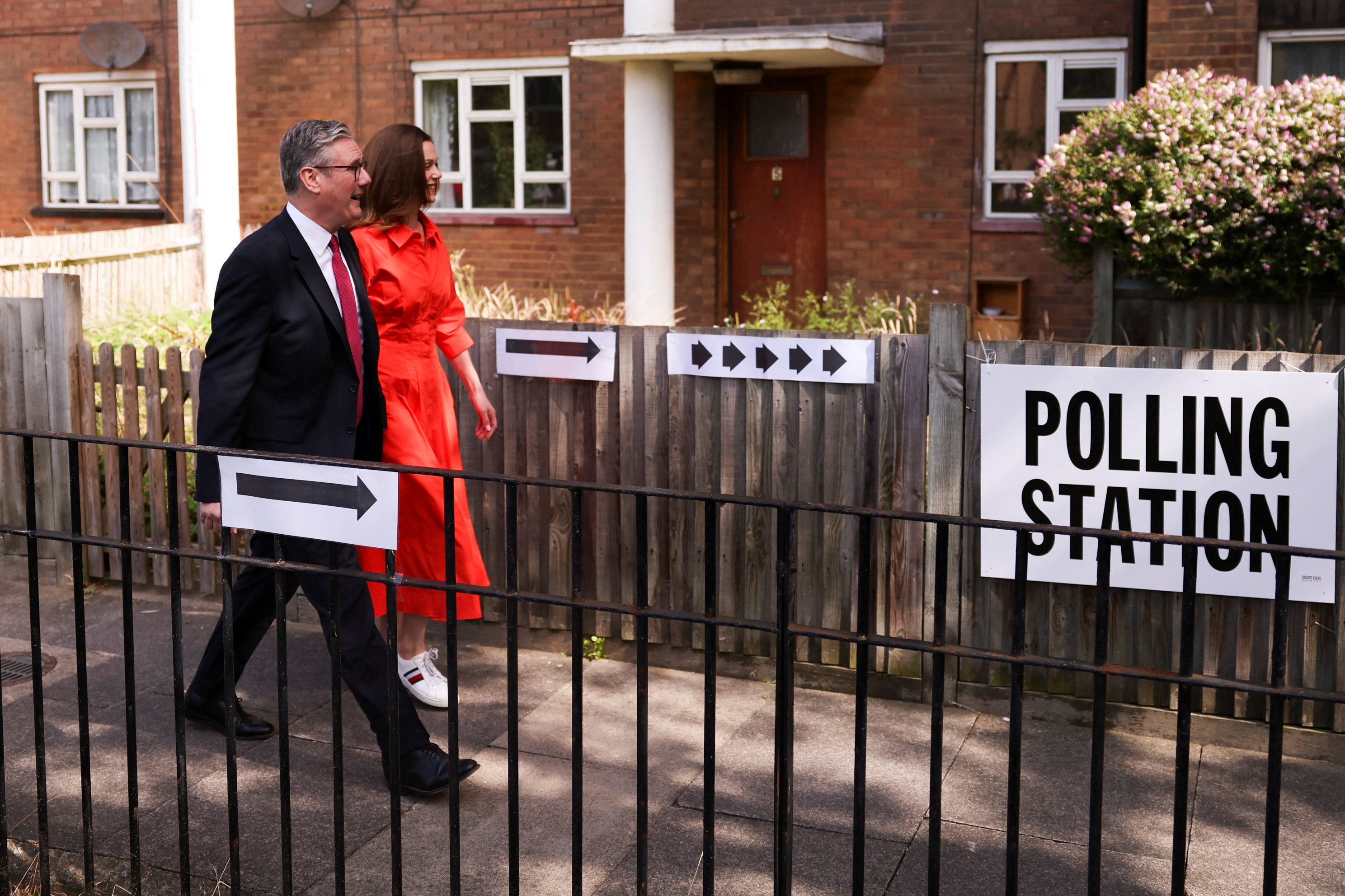Britain’s opposition Labour Party leader Keir Starmer and his wife Victoria Starmer outside a polling station in London. Photo: Reuters