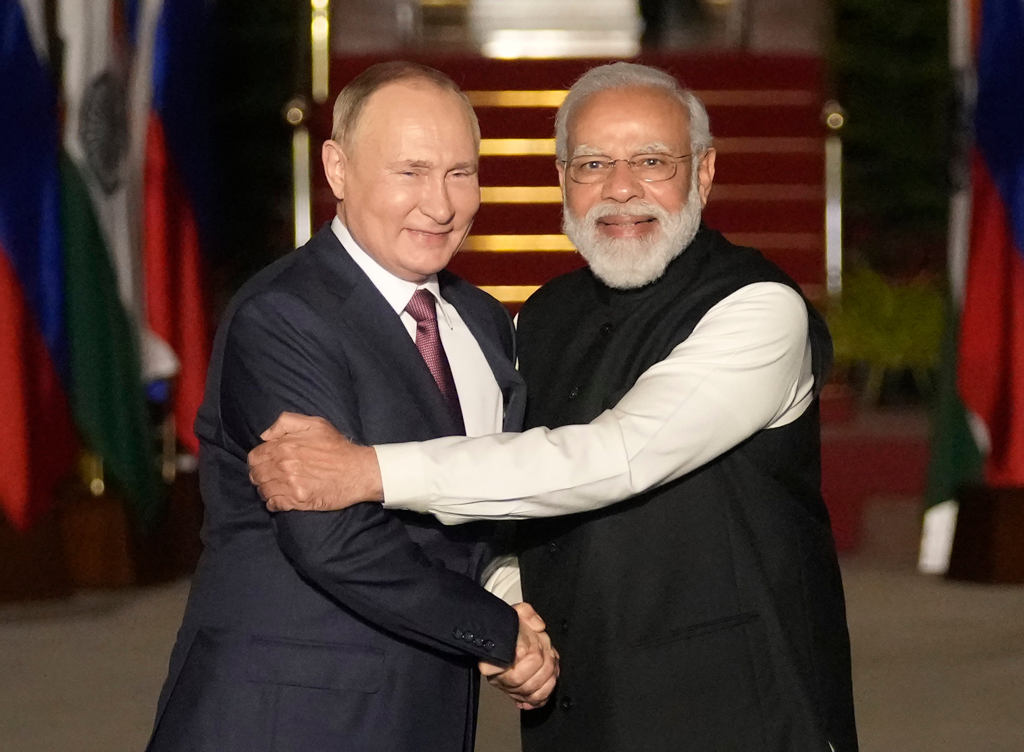 Russian President Vladimir Putin (left) and Indian Prime Minister Narendra Modi greet each other before their meeting in New Delhi in 2021. Photo: AP