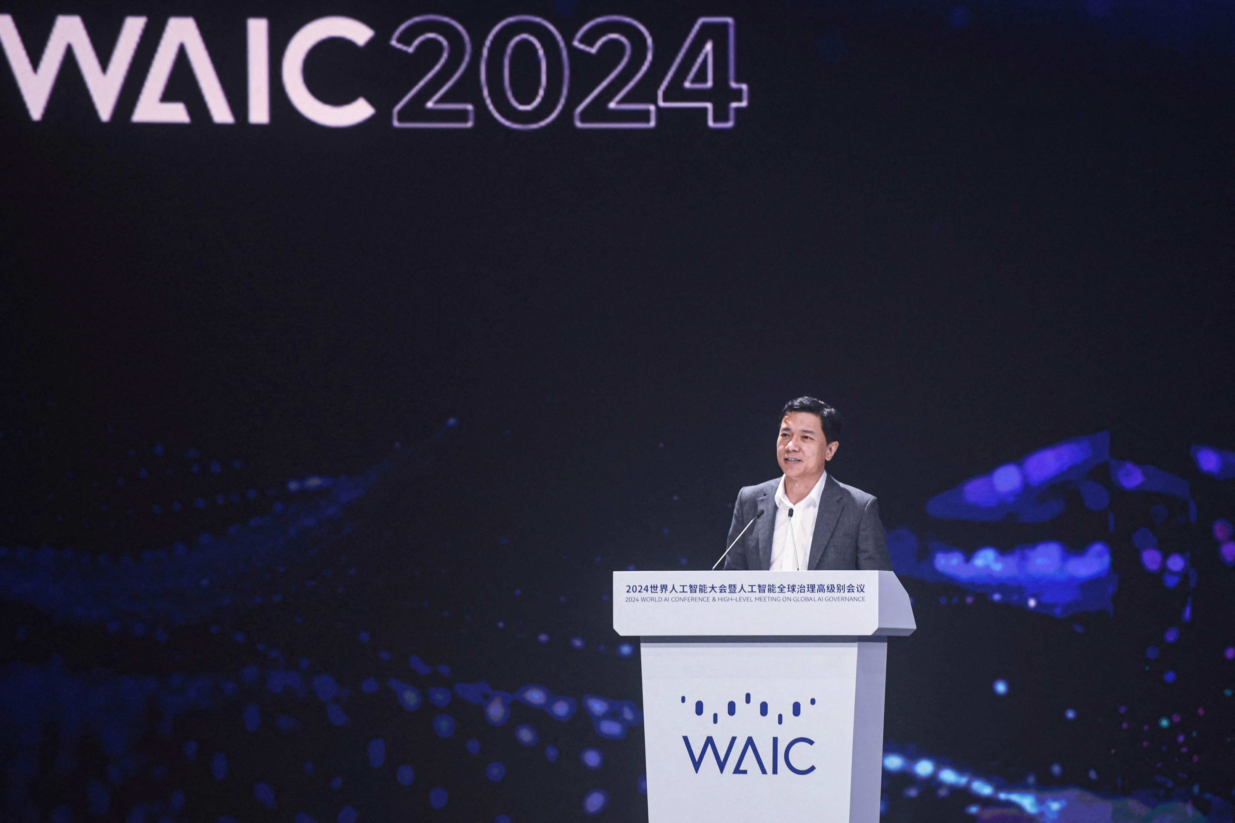 Baidu CEO Robin Li speaks at the World Artificial Intelligence Conference in Shanghai on July 4, 2024, warning that the country is wasting resources tweaking foundational models while failing to build more practical applications. Photo: AFP