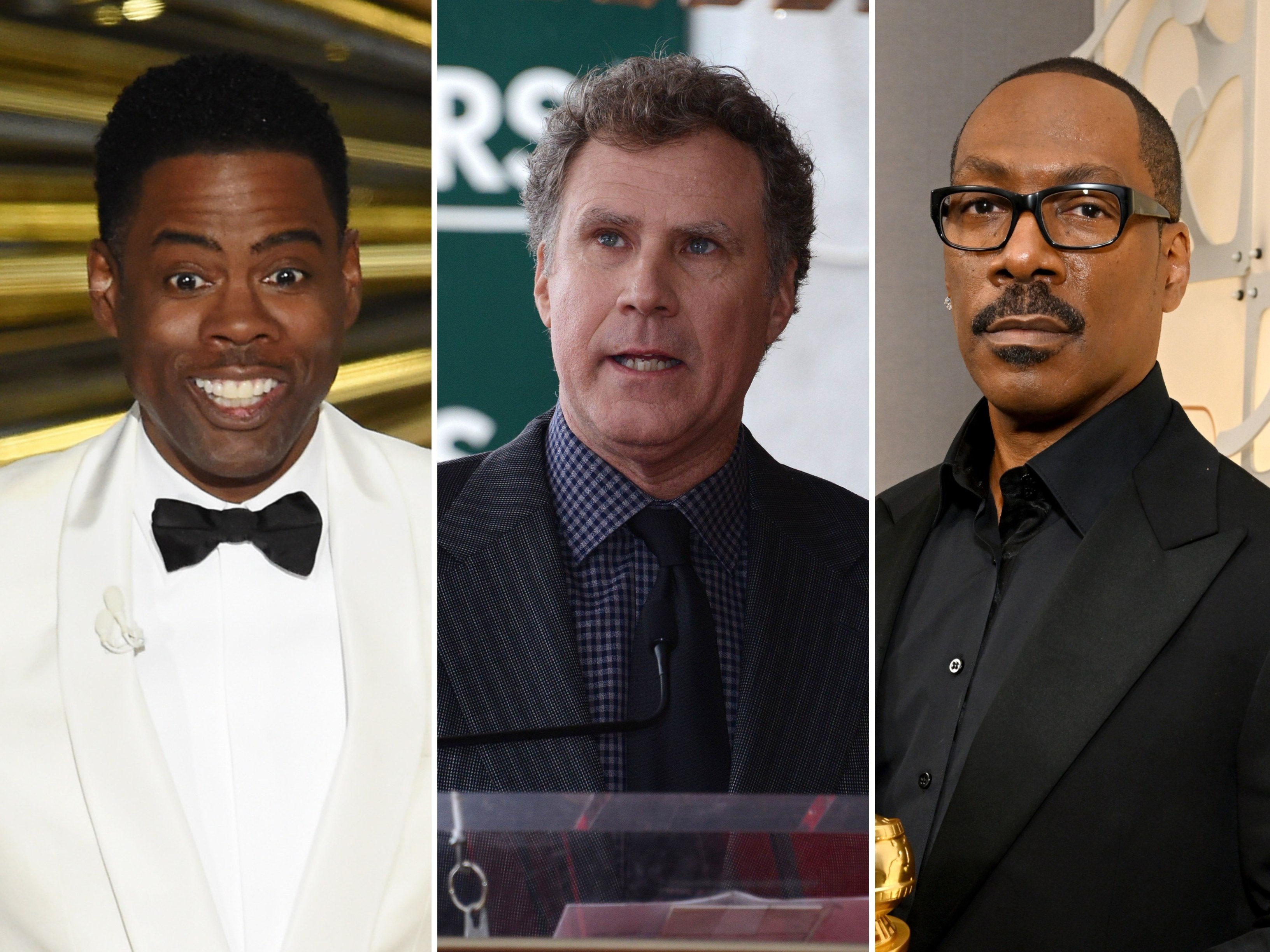 Chris Rock hosts the Oscars; Will Ferrell attends a ceremony at the Hollywood Walk of Fame; Eddie Murphy attends an undisclosed event. Which SNL alumni has earned the most to date, though? Photos: Getty, AFP