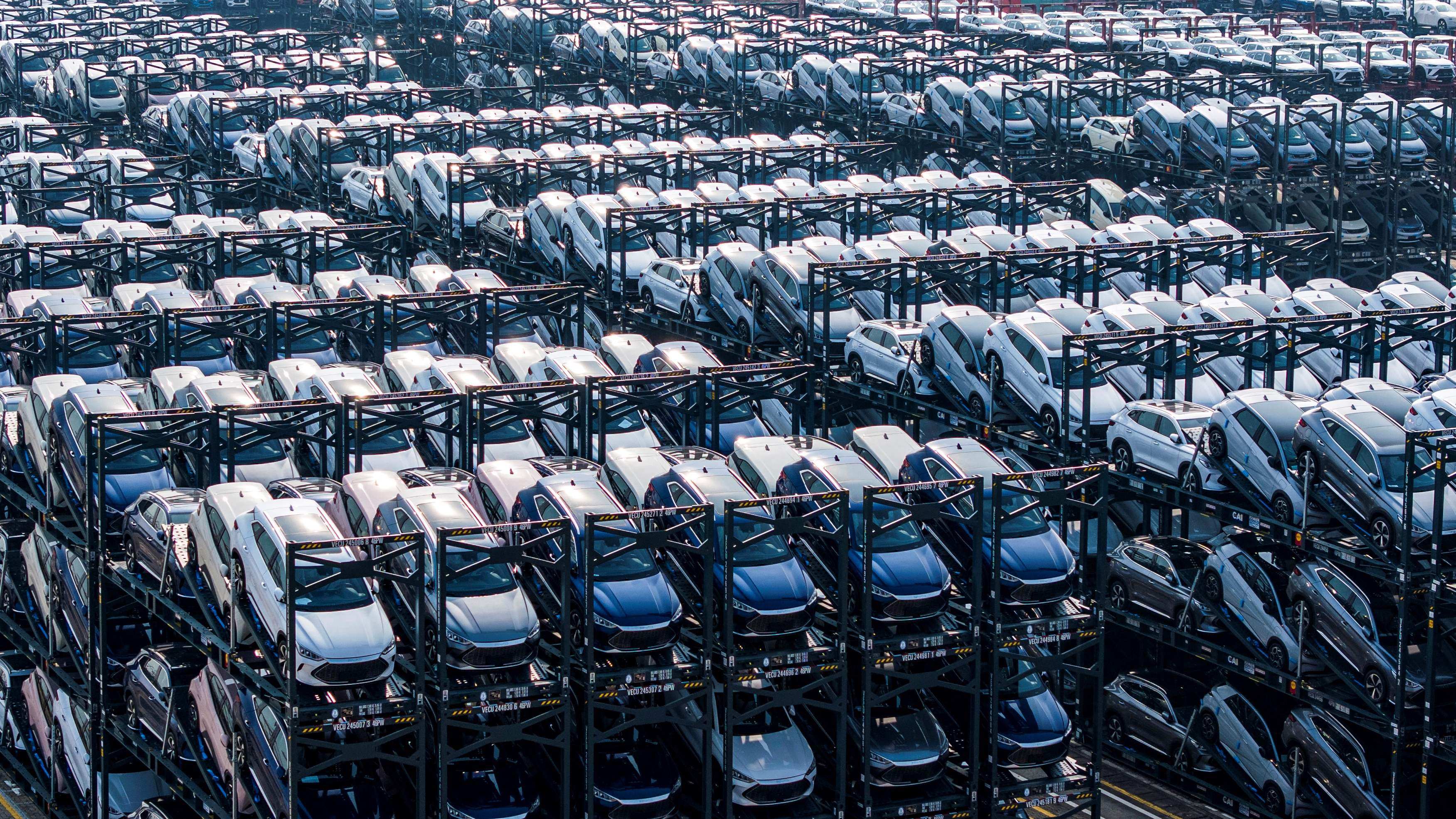 BYD electric vehicles waiting to be loaded onto a ship are stacked at the international container terminal of Taicang Port in Suzhou, Jiangsu province, on February 8. Whether made in China or by Chinese manufacturers in Mexico, electric vehicles have been a focal point of recent US and European tariffs. Photo: AFP