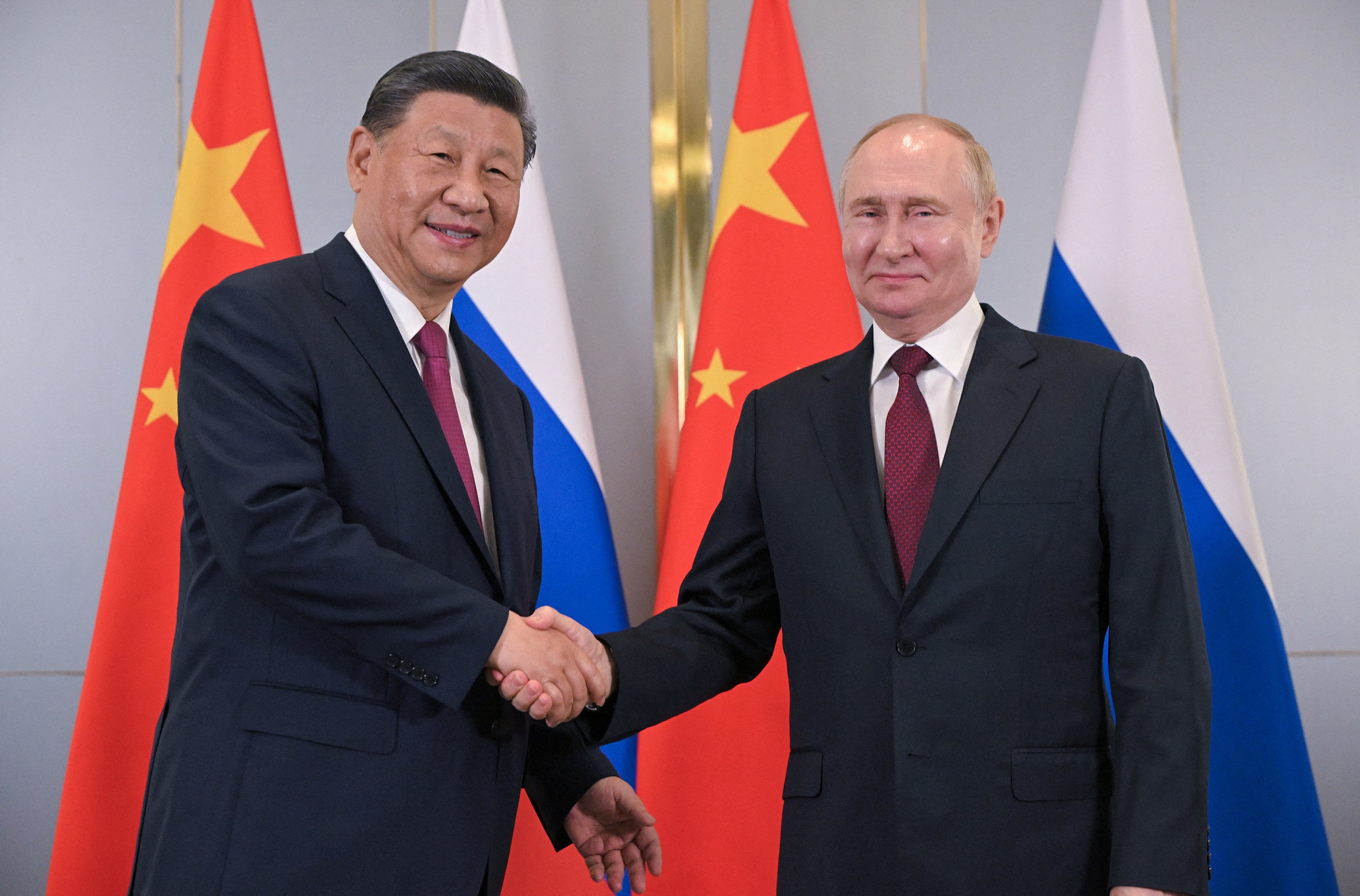 Chinese President Xi Jinping and Russian counterpart Vladimir Putin meet on the sidelines of the SCO leaders’ summit in Astana, Kazakhstan, on Wednesday. Photo: TNS