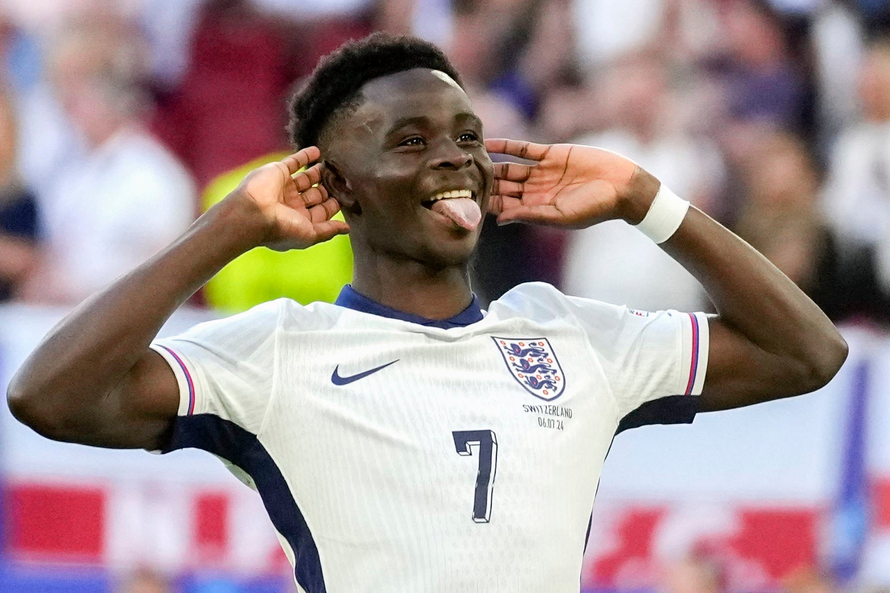 England’s Bukayo Saka reacts after scoring a peanlty during his side’s Euro 2024 quarter-final against Switzerland. Photo: AP