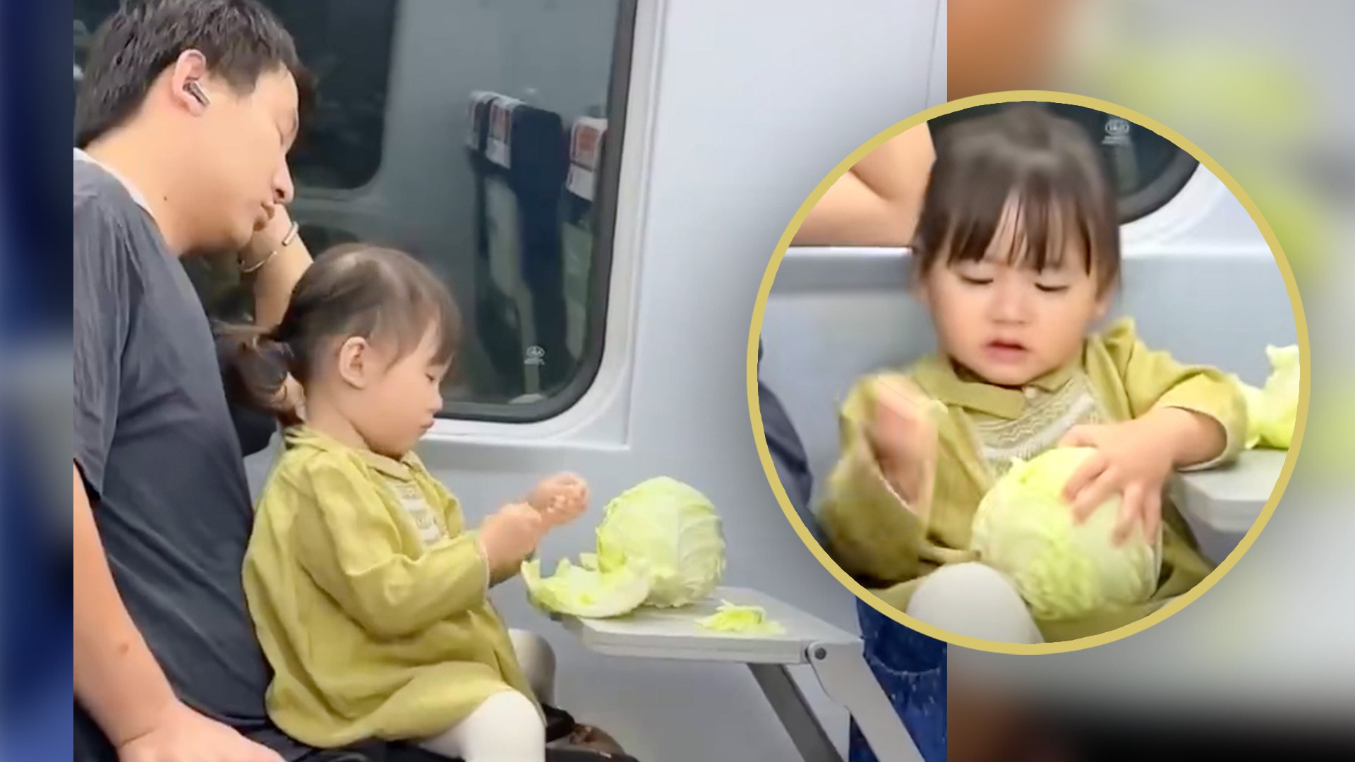 A father in China found an ingenious way to keep his toddler daughter occupied on a train journey. He gave her a cabbage to peel. Photo: SCMP composite/Douyin