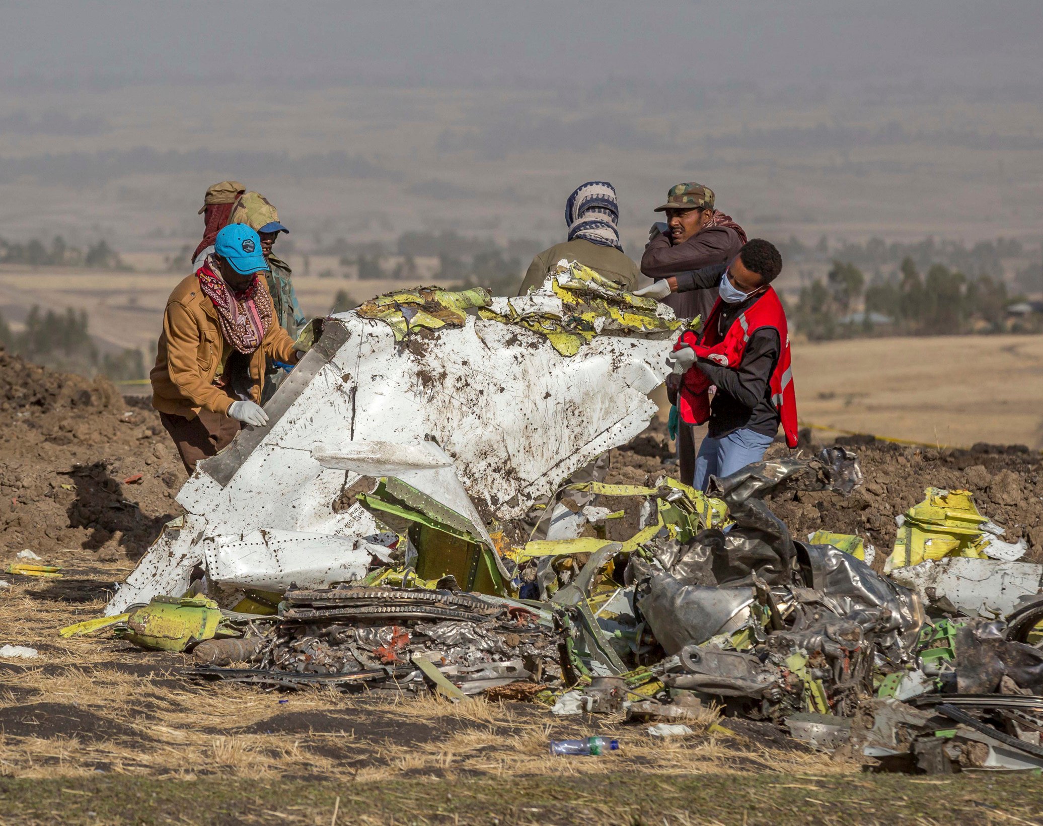 Debris at the scene of a crashed Ethiopian Airlines aircraft in 2019. File photo: AP