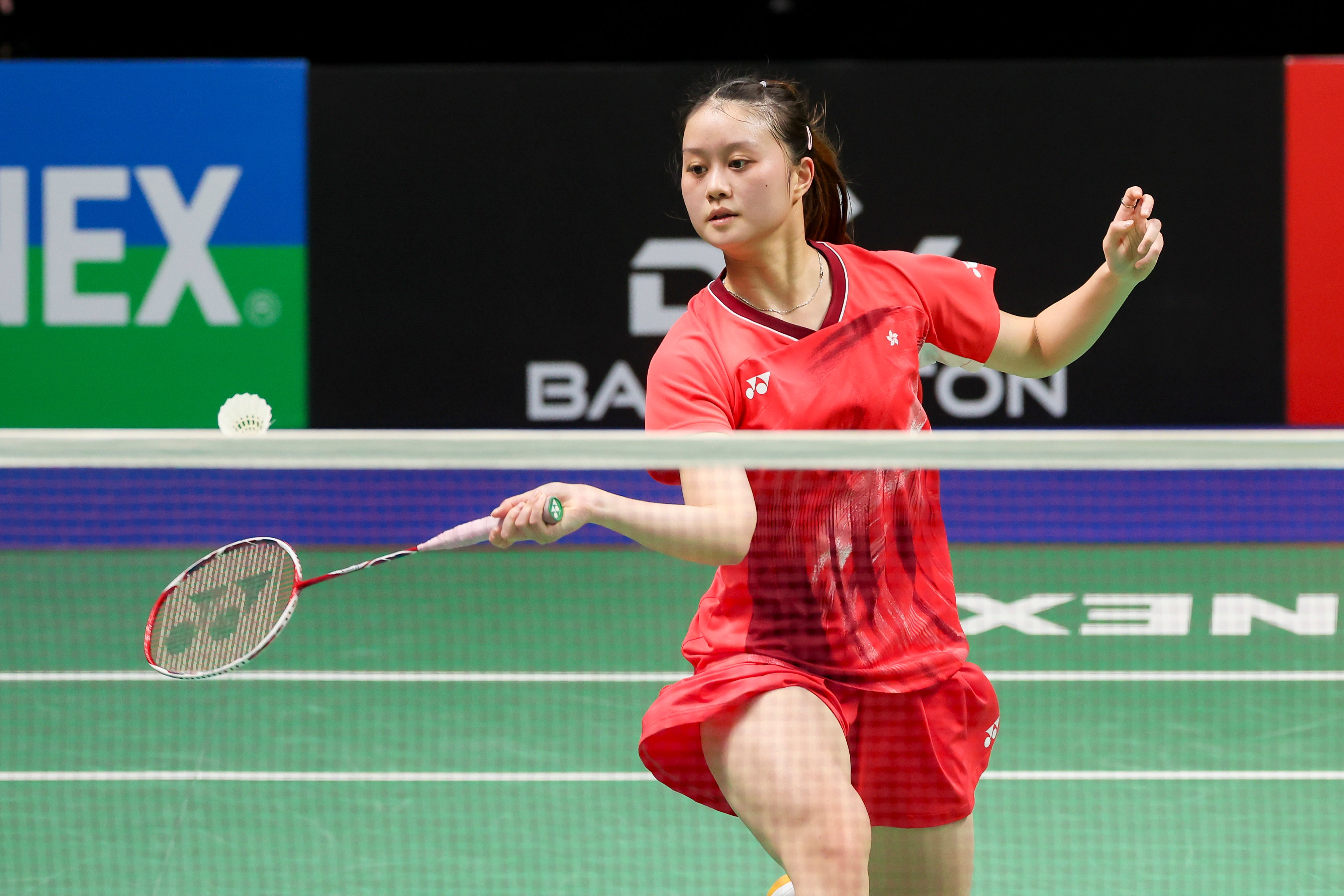 Happy Lo plays a shot at the net during her match against Taiwan’s Sung Shuo-yun at the German Open in February. Photo: Getty Images