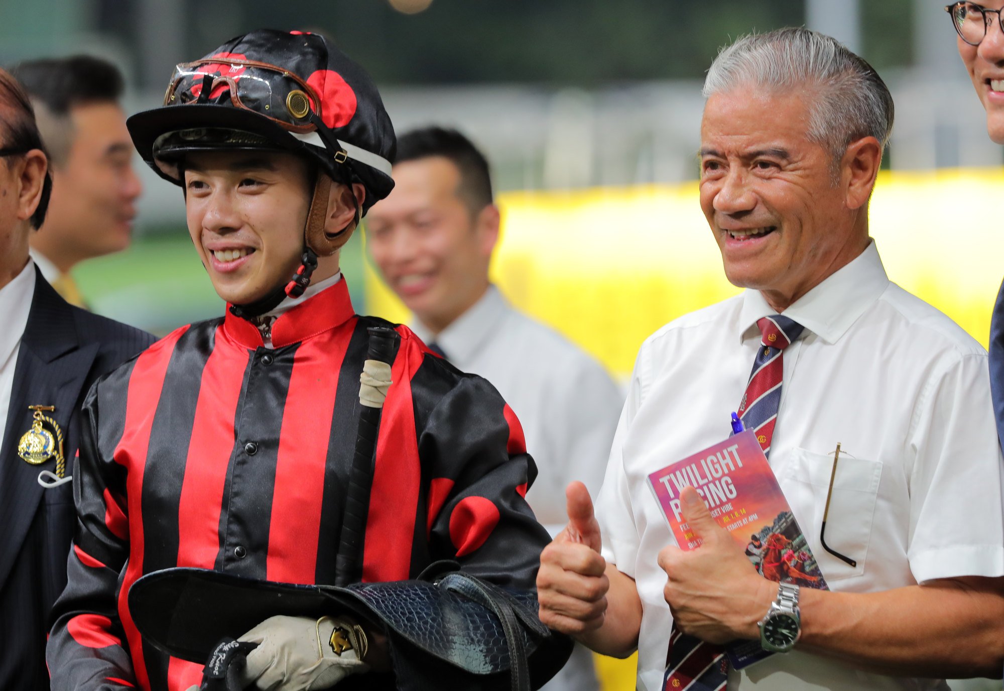 Angus Chung and Tony Cruz celebrate Outgate’s most recent triumph at the Valley.