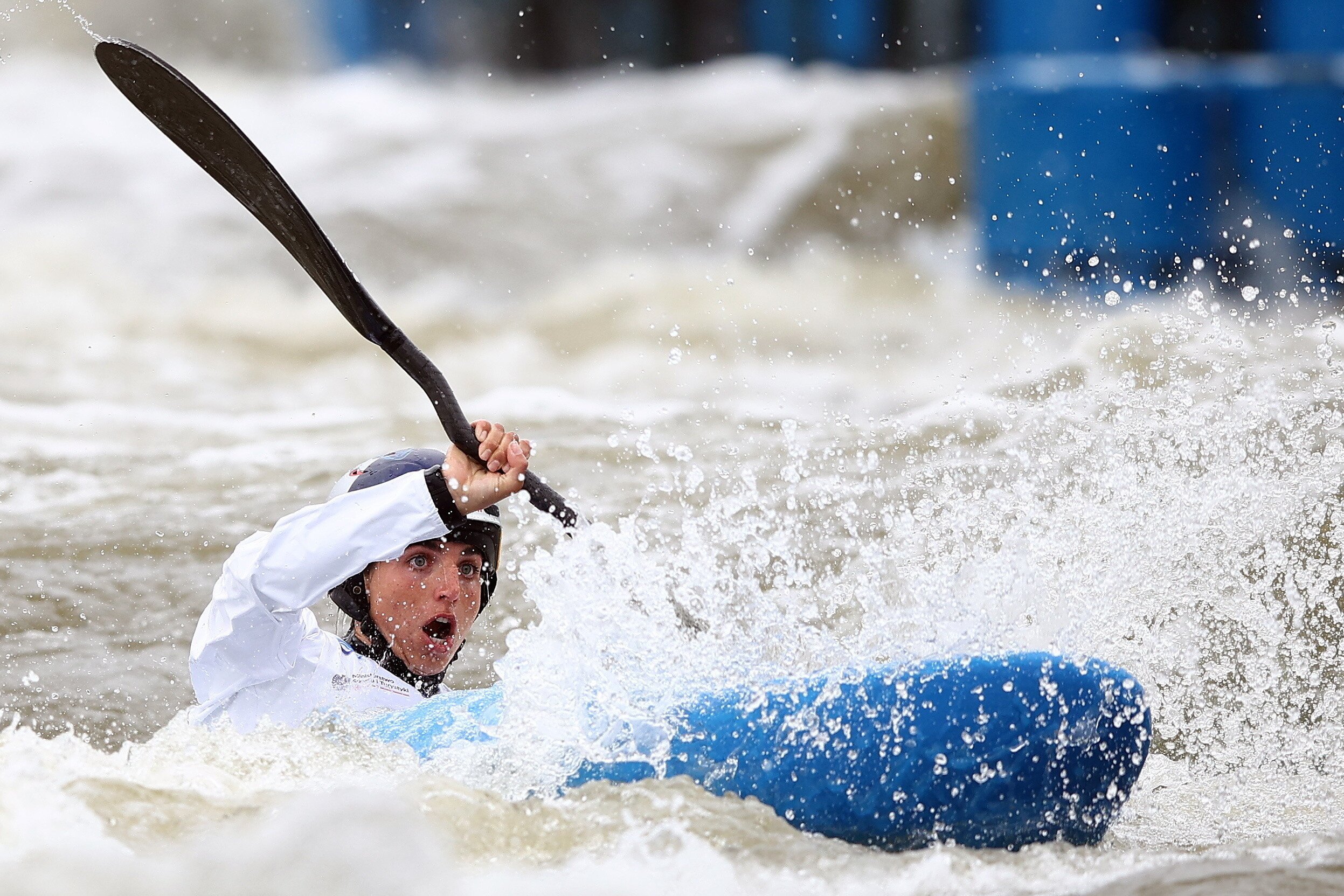 Jessica Fox of Australia, who won the C-1:women’s slalom in Tokyo, competing in the kayak cross race at the Slalom World Cup in Poland in June. Photo: EPA-EFE