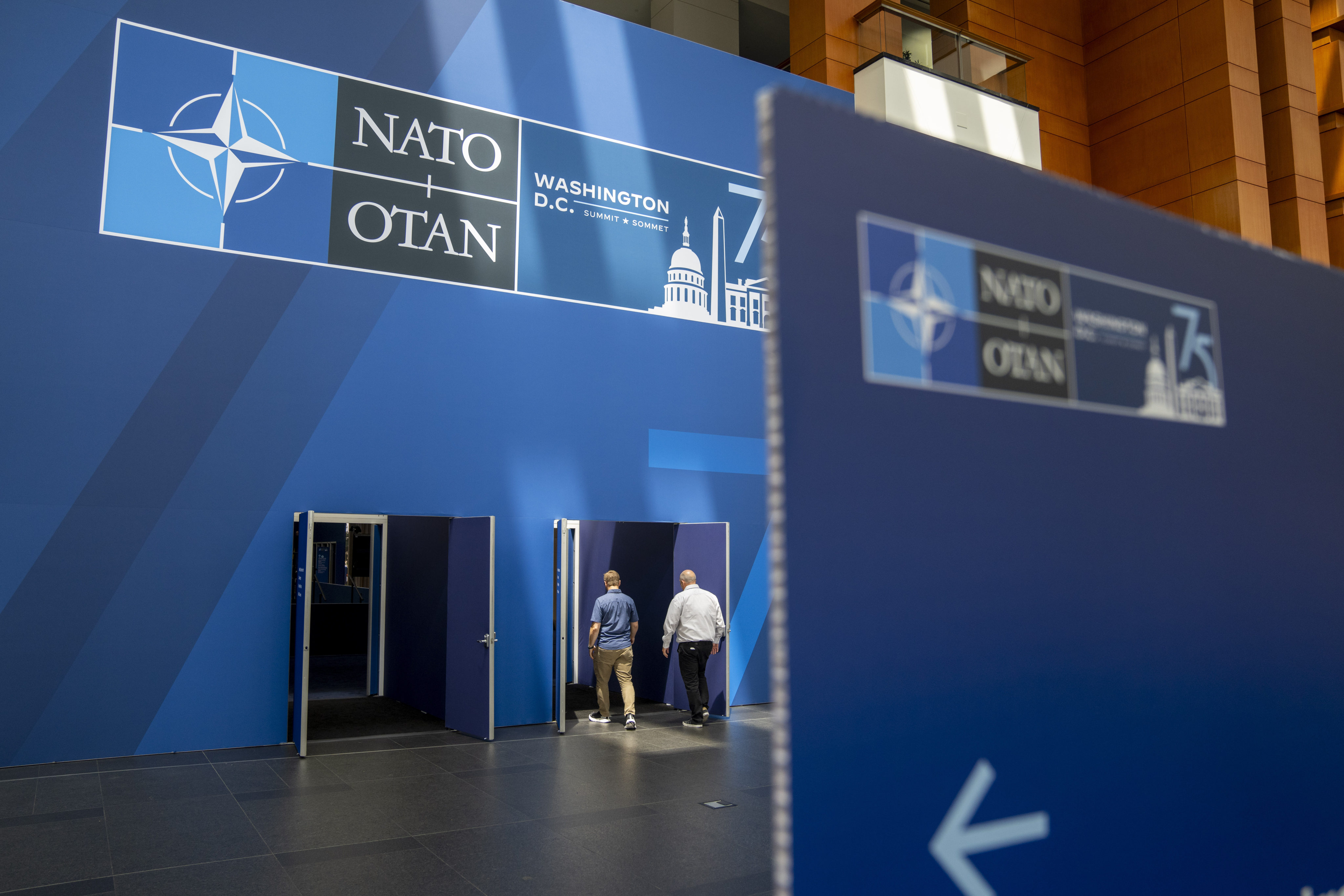 The Walter E. Washington Convention Center on Monday, July 8, 2024, which has been decorated in time for the Nato Summit. Photo: AP