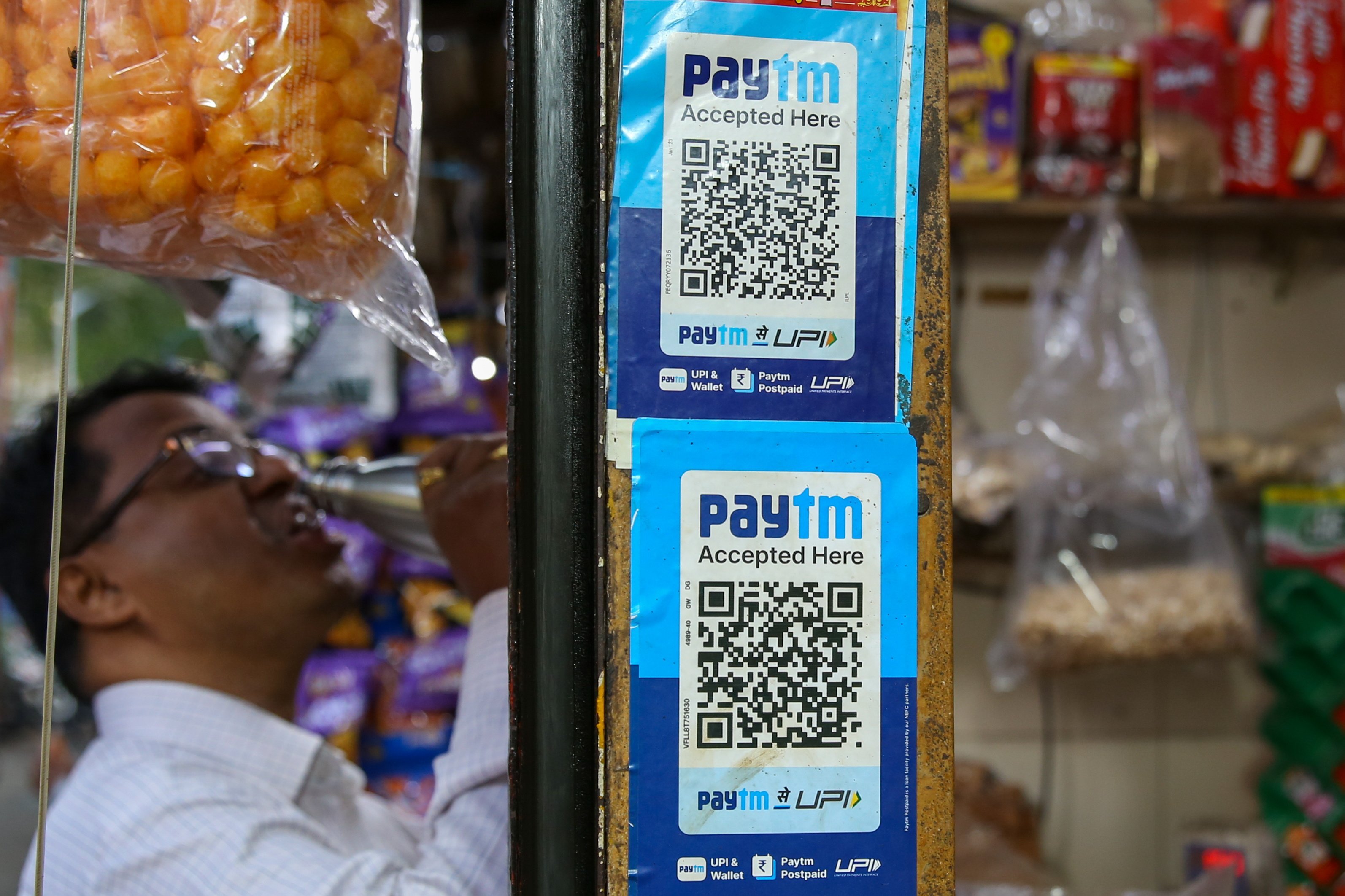 A sign of Paytm’s mobile payment technology at a roadside shop in Mumbai on 6 February 2024. Photo: EPA-EFE