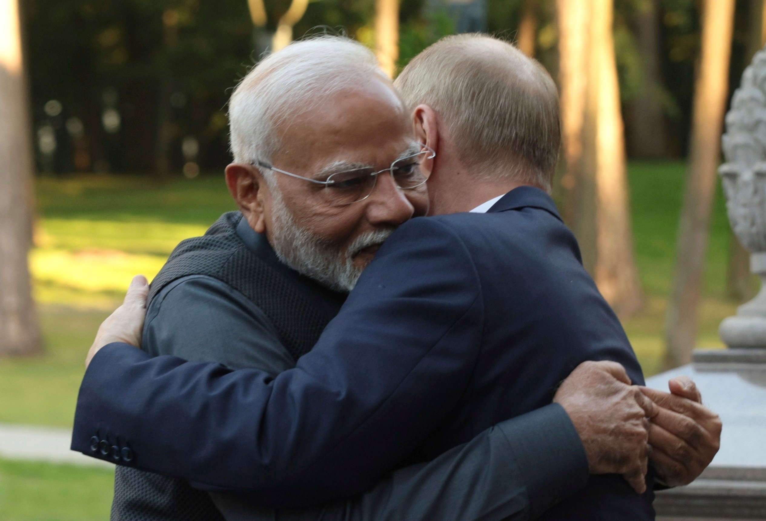 Indian Prime Minister Narendra Modi  and Russian President Vladimir Putin embrace during an informal meeting outside Moscow on Monday. Despite outward displays of affection, tensions persist between the leaders of India, Russia and China. Photo: AP 