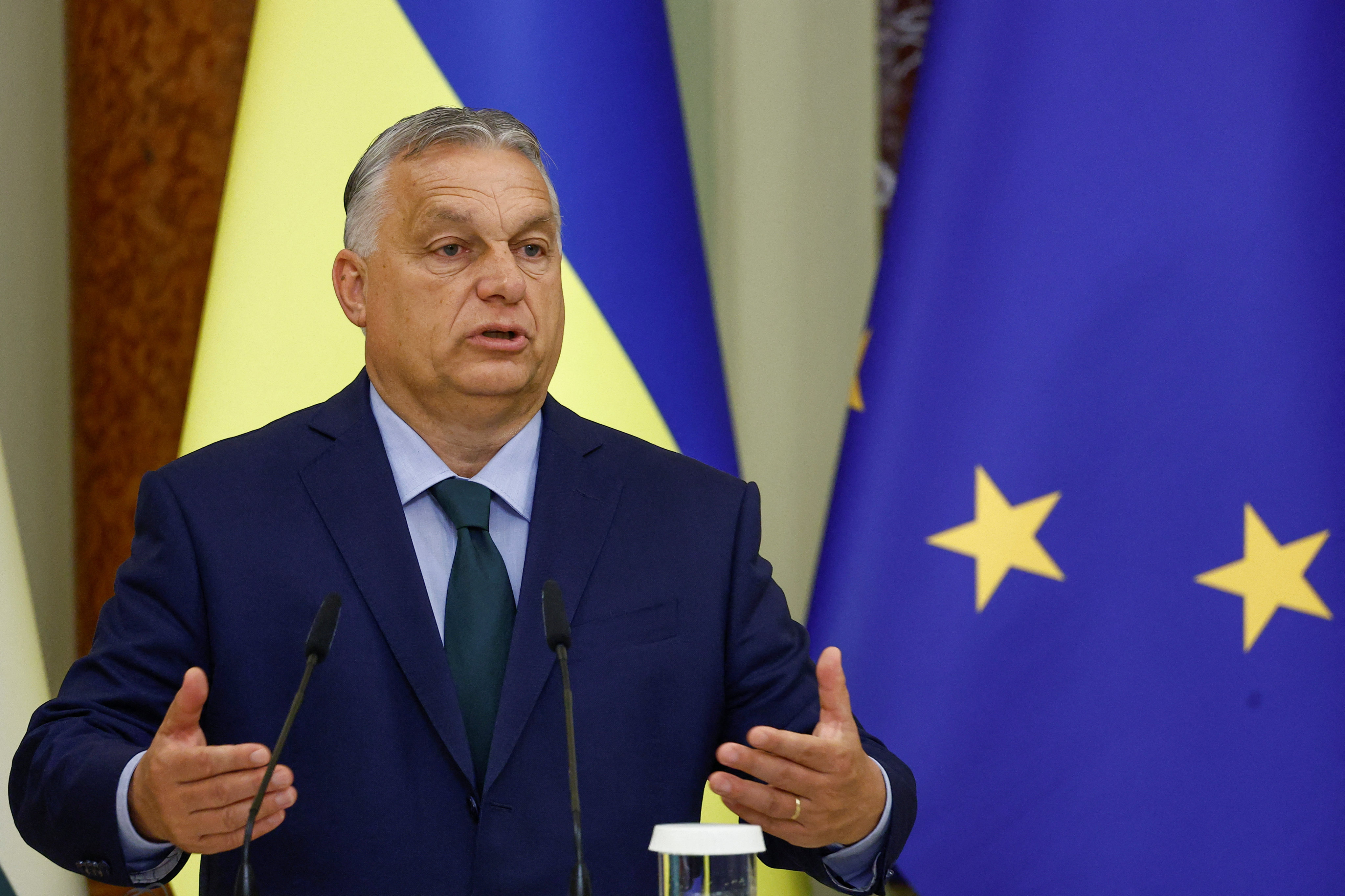 Hungarian Prime Minister Viktor Orban speaks to the media in Kyiv, Ukraine, on Tuesday. Photo: Reuters