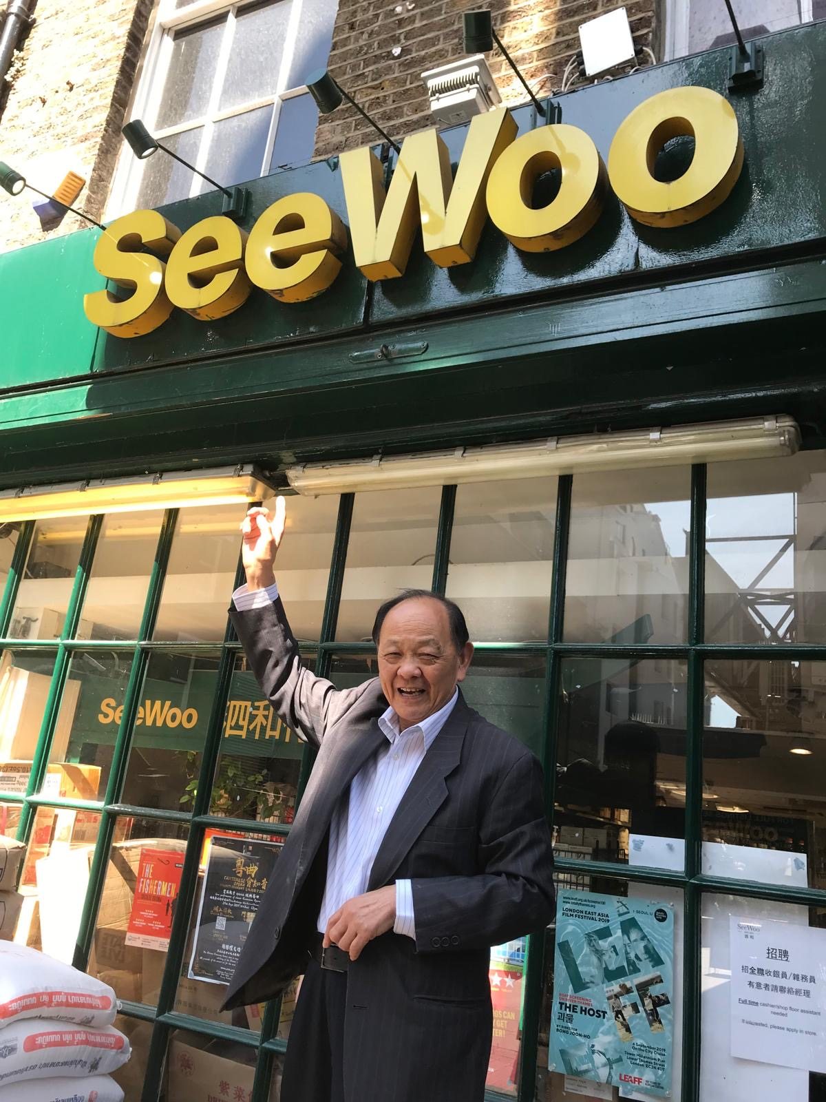 Stanley Tse in front of his Chinese supermarket See Woo, in London’s Chinatown. A green plaque has been put up there by Westminster City Council to honour the contributions he made to Asian cuisine in the UK. Photo: Lucy Mitchell