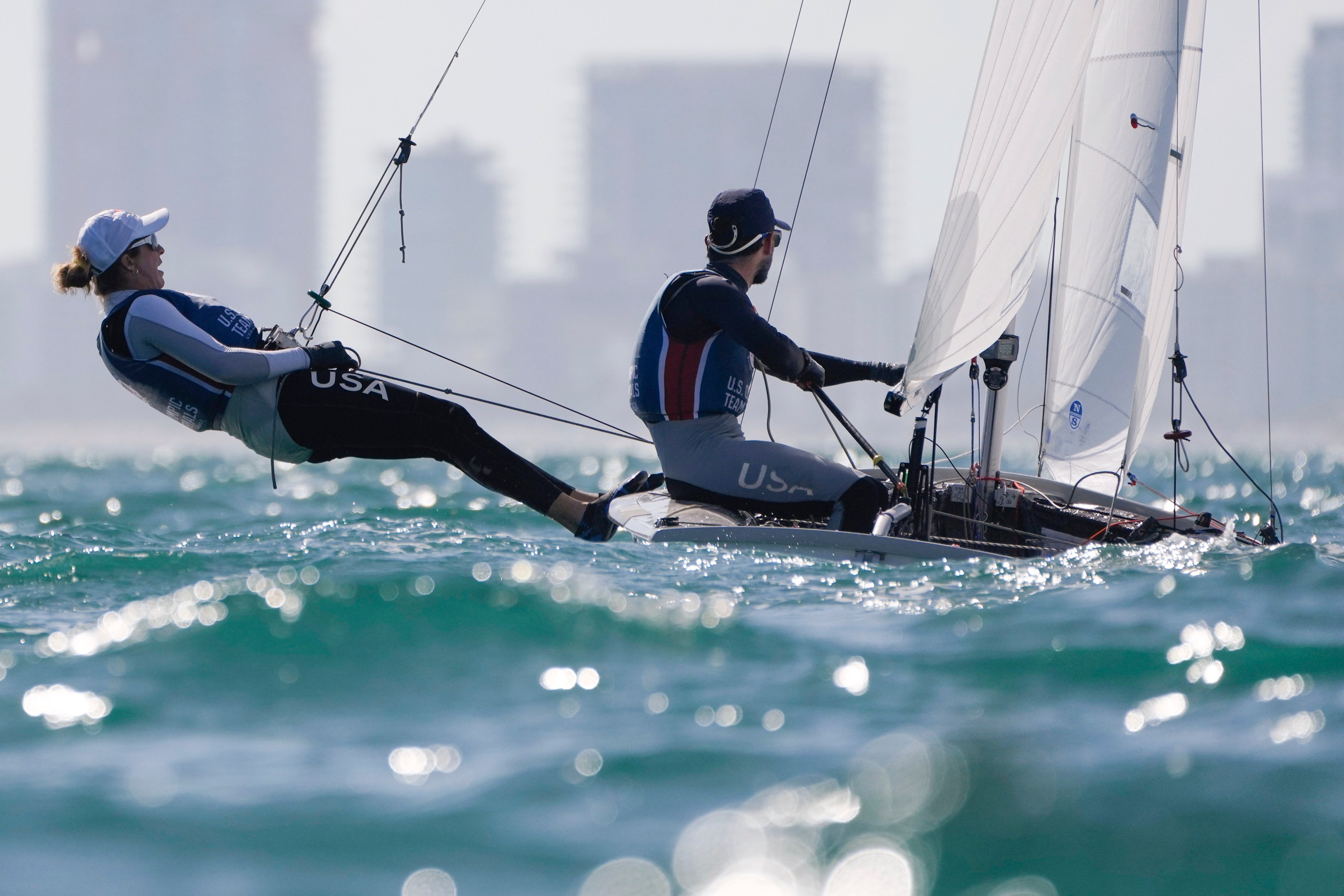 Tokyo Olympian Lara Dallman-Weiss (left) will team up with Stu McNay, who is back for his fith Olympics, for the US in the new mixed-gender 470 category in Paris. Photo: AP