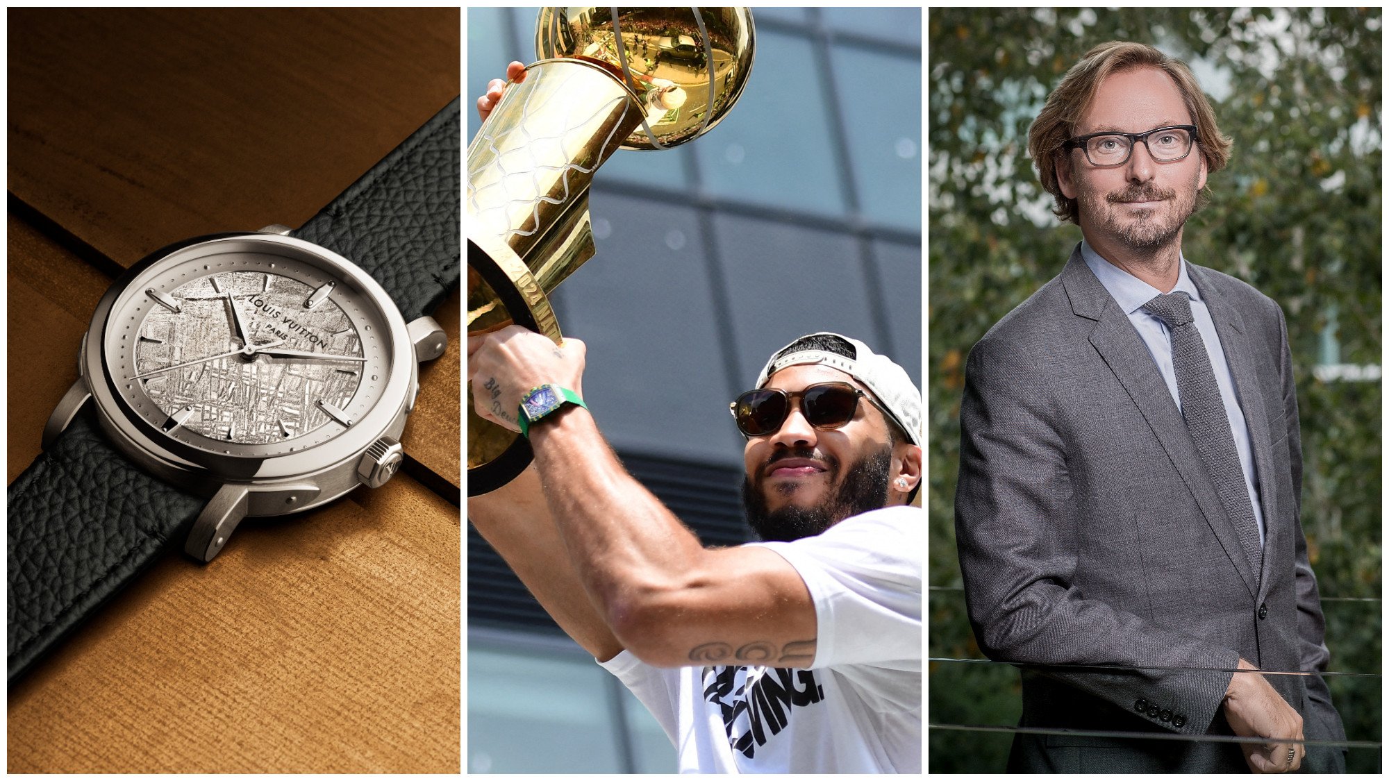 Watch-ful moments (from left): Louis Vuitton’s new edition of the Escale; NBA Champion Jayson Tatum sporting a Richard Mille during the Boston Celtic’s championship parade in June; Nicolas Bos is named Richemont CEO. Photos: Handout, USA Today