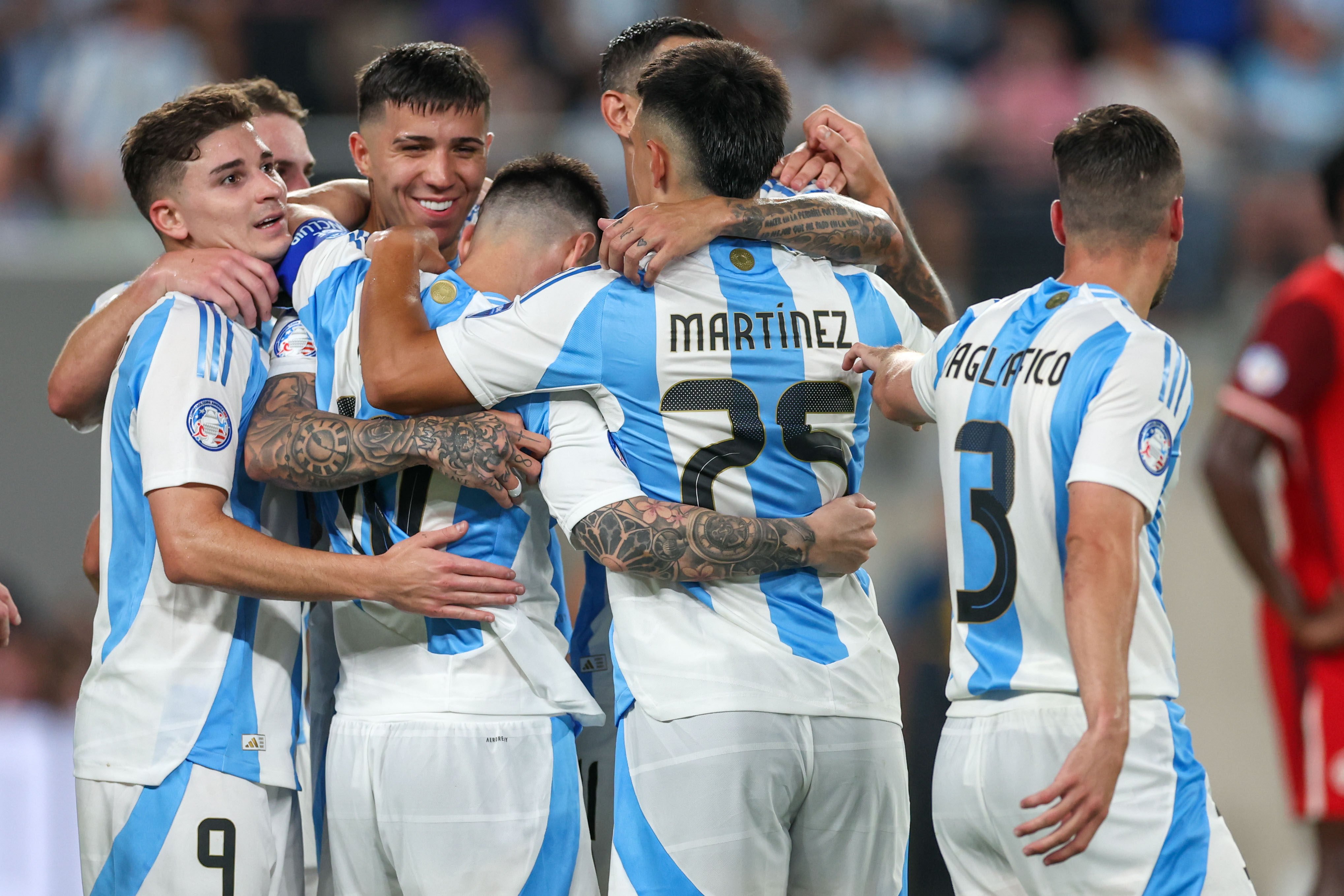Argentina players celebrate during their Copa America semi-final victory over Canada in New Jersey. Photo: DPA